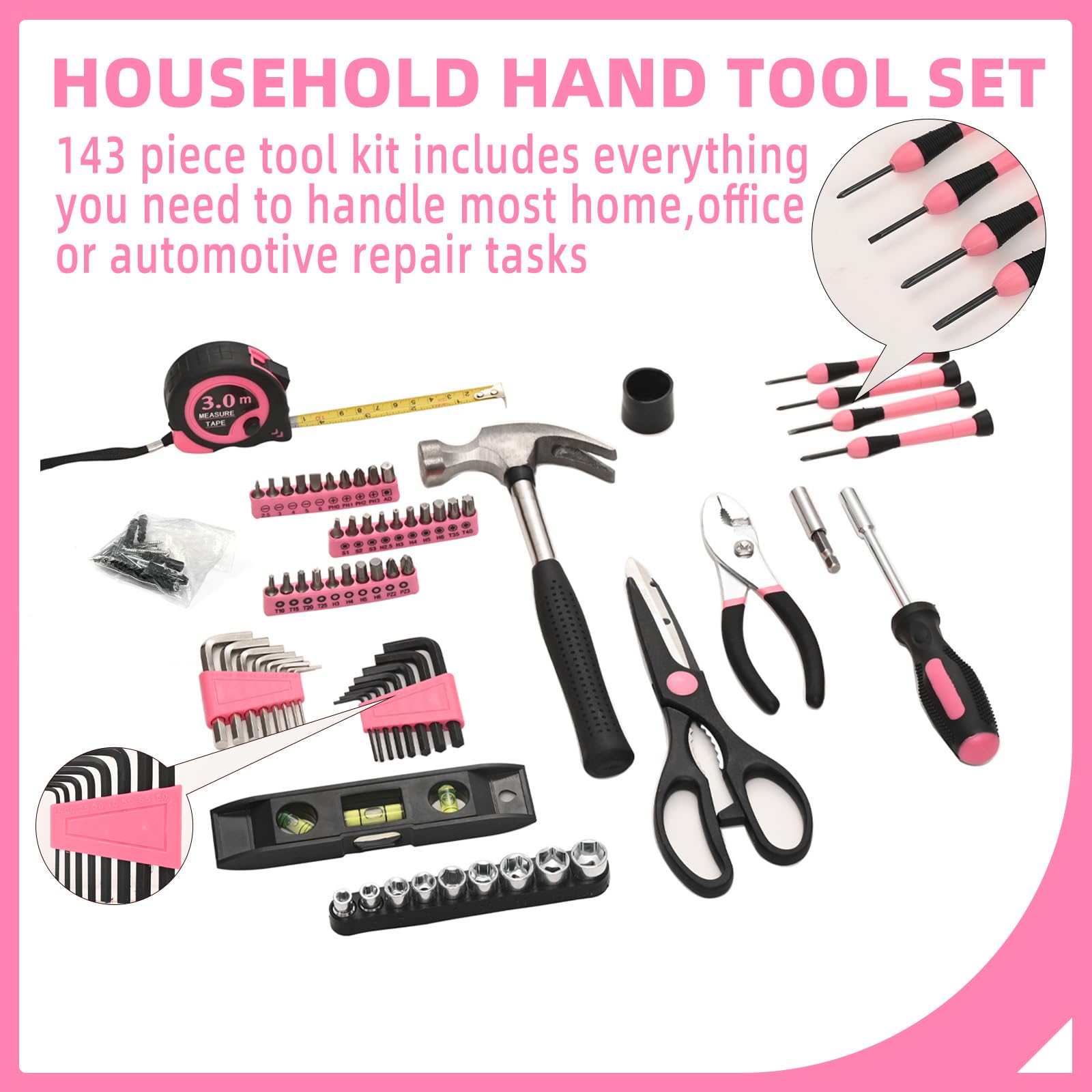 143pc Pink Household Tool Set including Toolbox Storage Case - Image 4