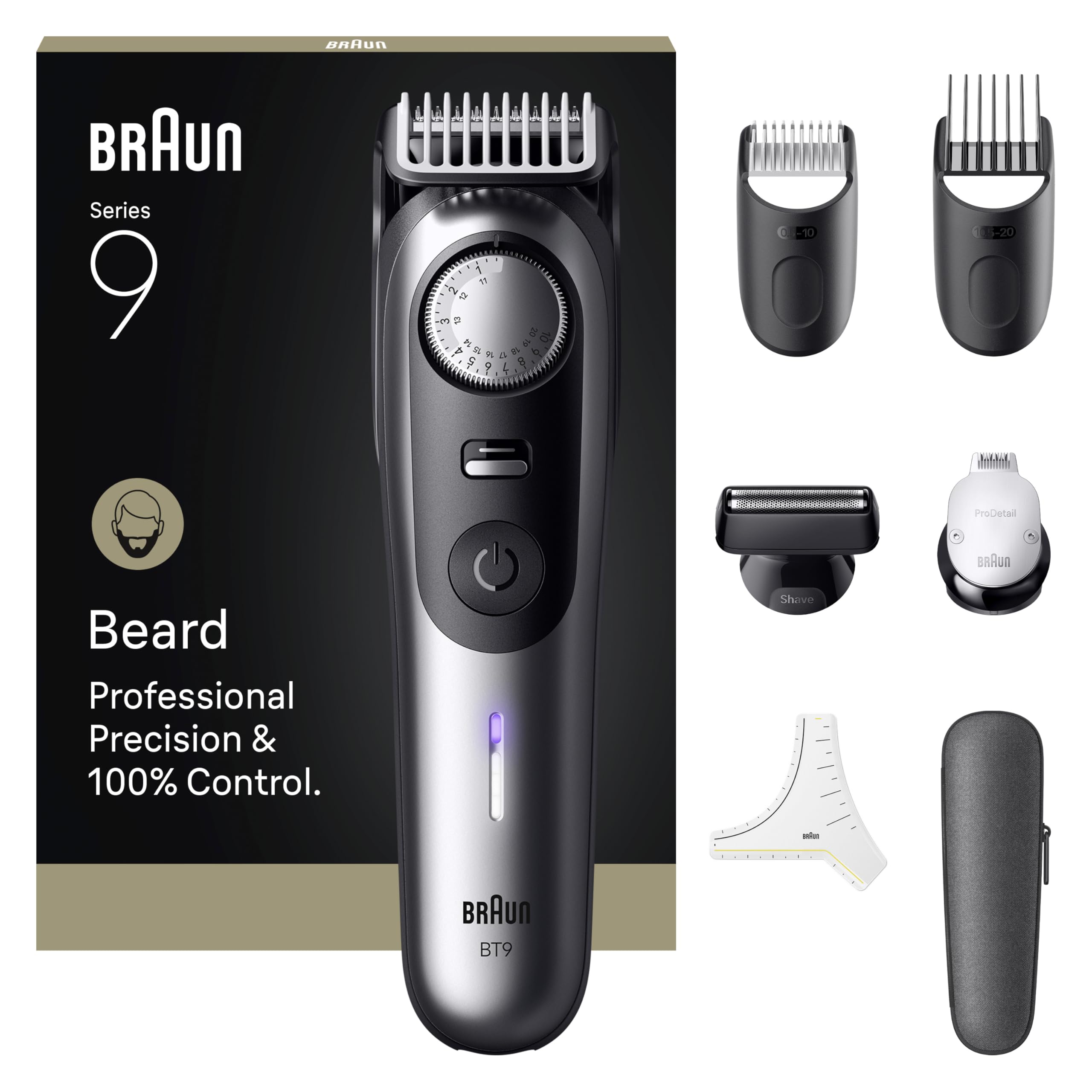 Braun Serie 9 - Cortapúas + 7 herramientas de peluquería, modo PowerBoost, hoja ProBlade, 180 min de autonomía, gradiente, 50 longitudes, rueda de precisión y bloqueo, impermeable, BT9520, cromo-image