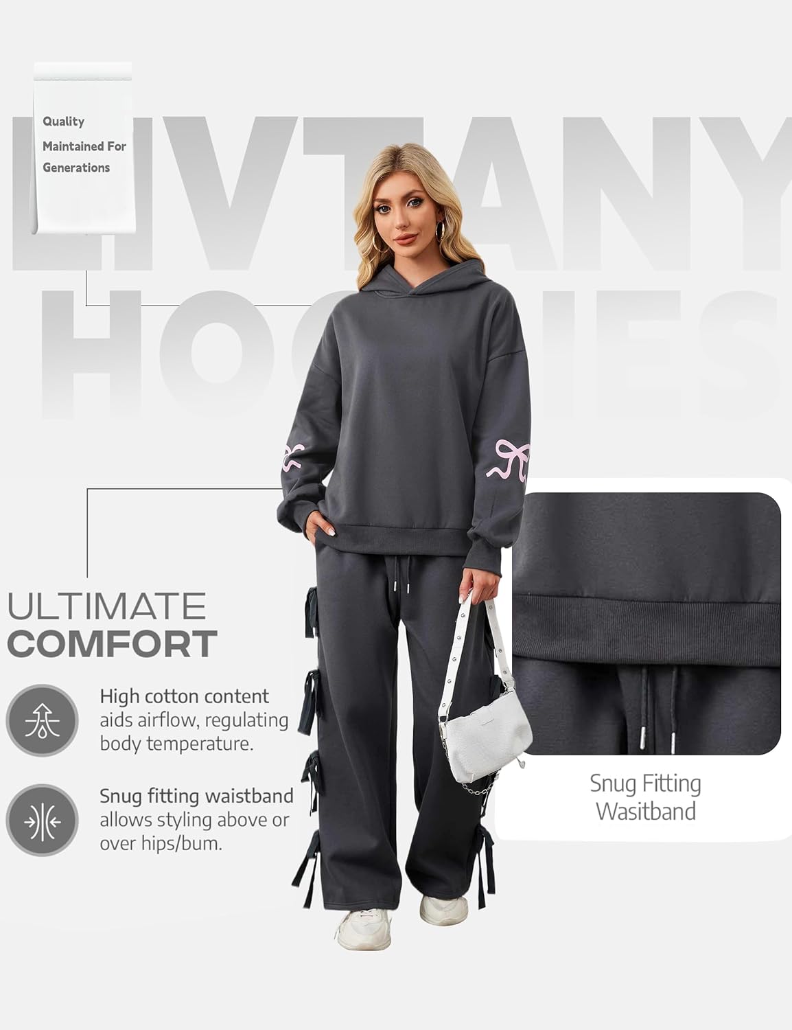 Livtany Women's Bow Trim Print Fleeced Hoodies Oversized Long Sleeve Hooded Sweatshirts Graphic Drop Shoulder Pullover Top - Image 5