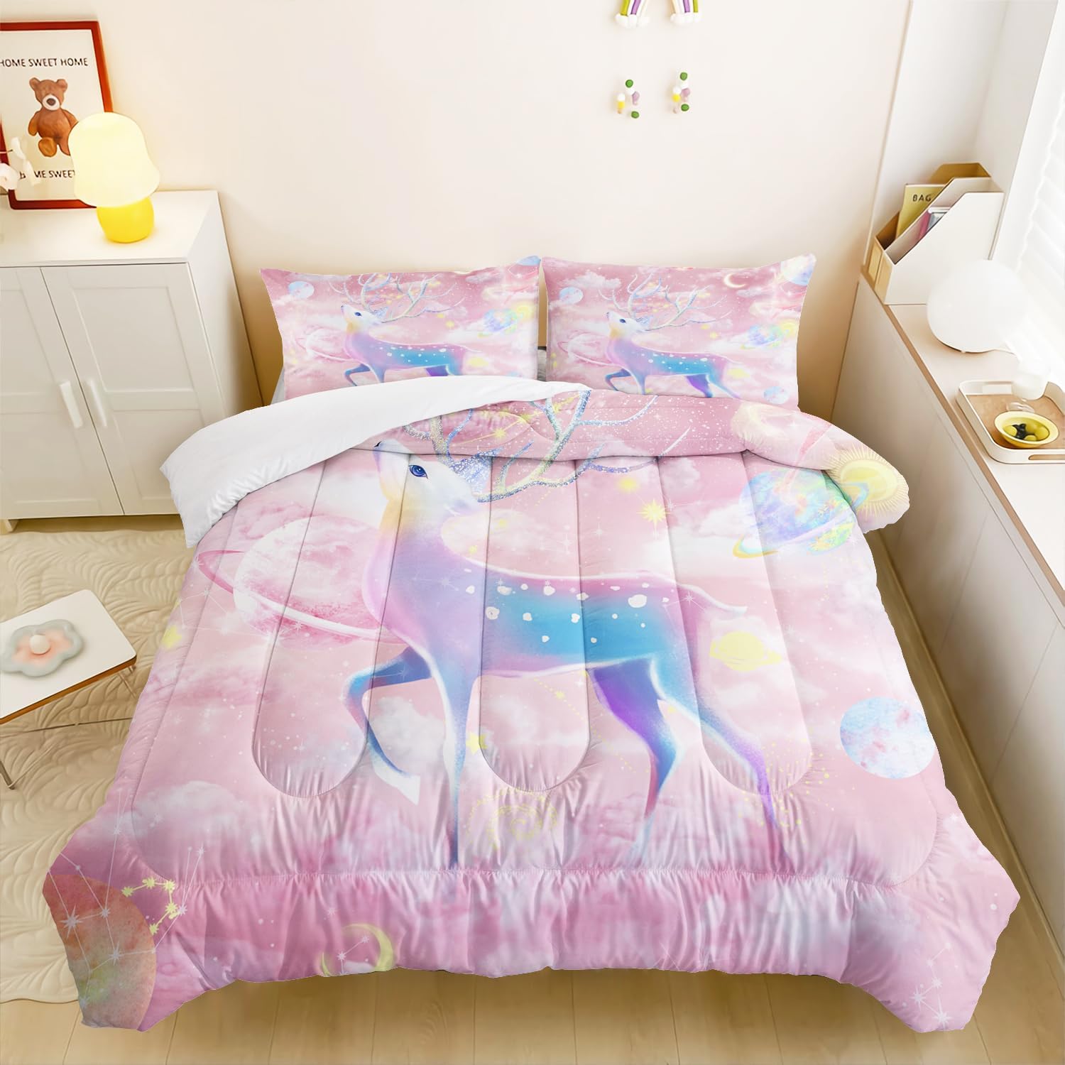 CVHOUSE Pink Girl's Comforter Set - Twin Size, Space Bedding Set for Kids, Deer and Space Pink Girl Quilt Set with Duvet Set for Girl's Bedroom Decor - 3 Pieces