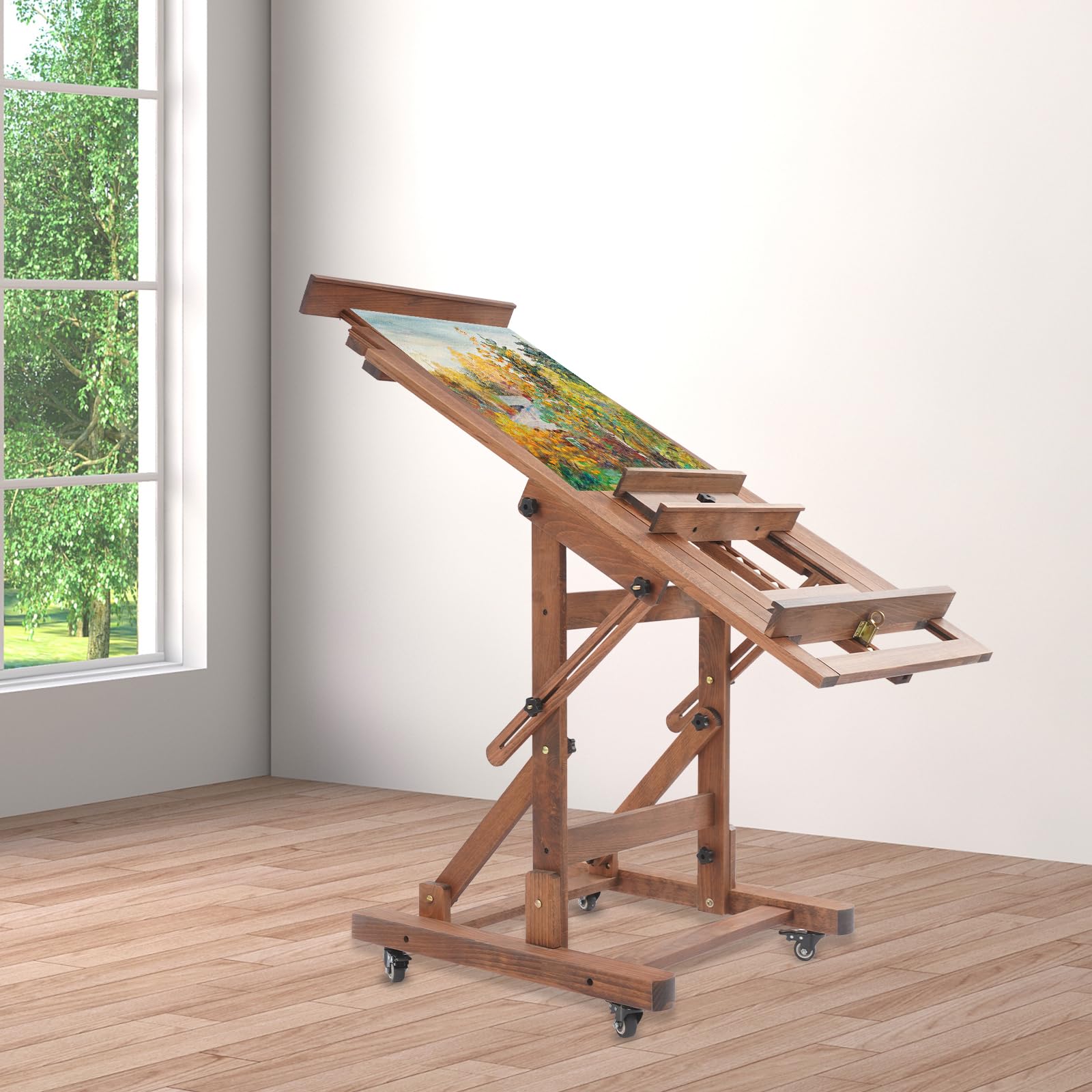 Caballete de estudio para pintar madera maciza artista profesional caballete con ruedas pintura arte soporte, 140-300 cm rango de ajuste de altura, horizontal y vertical