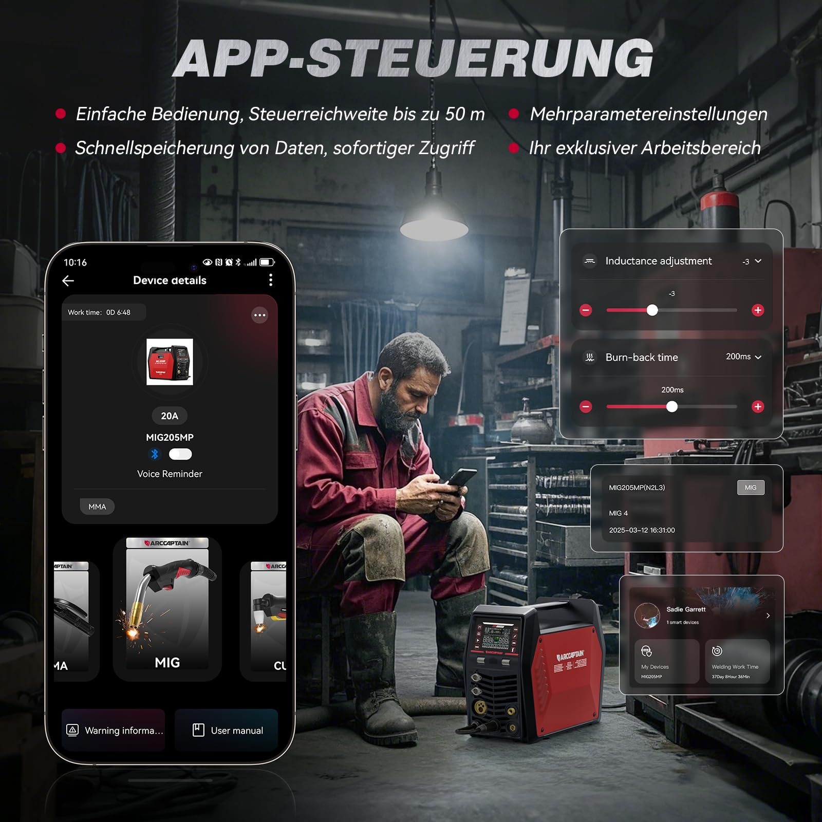 ARCCAPTAIN MIG205MP 9 in 1 iControl App‑steuerung MIG‑Schweißgerät/Plasmaschneider/Puls‑MIG/Flux‑Core/Spool Gun/DC HF/Lift TIG/Clean/MMA‑Aluminium‑Schweißgerät 230V Mehrprozess‑Schweißgerät