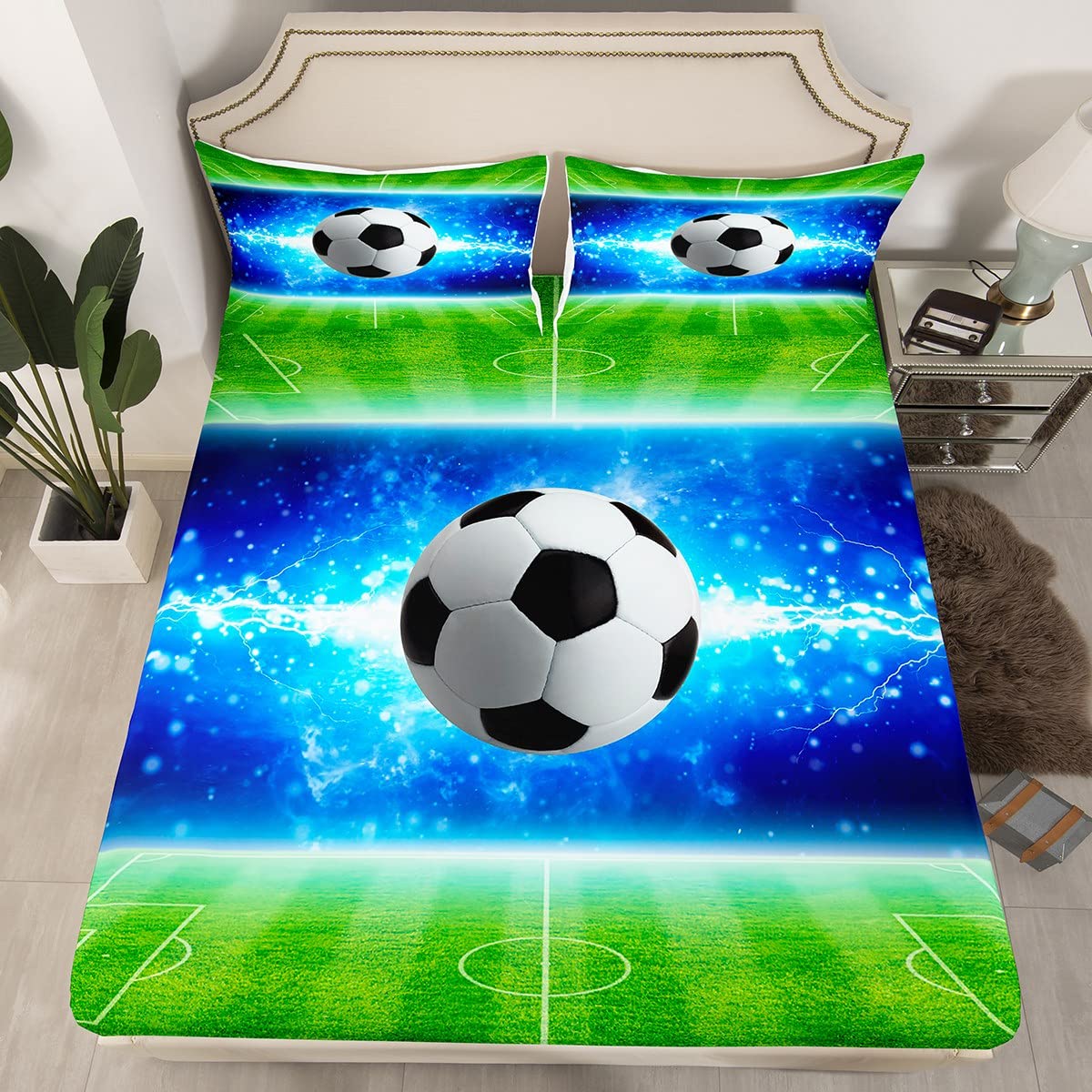Football Kids Fitted Sheet Double Size, American Soccer Bed Cover with 2 Pillowcases
