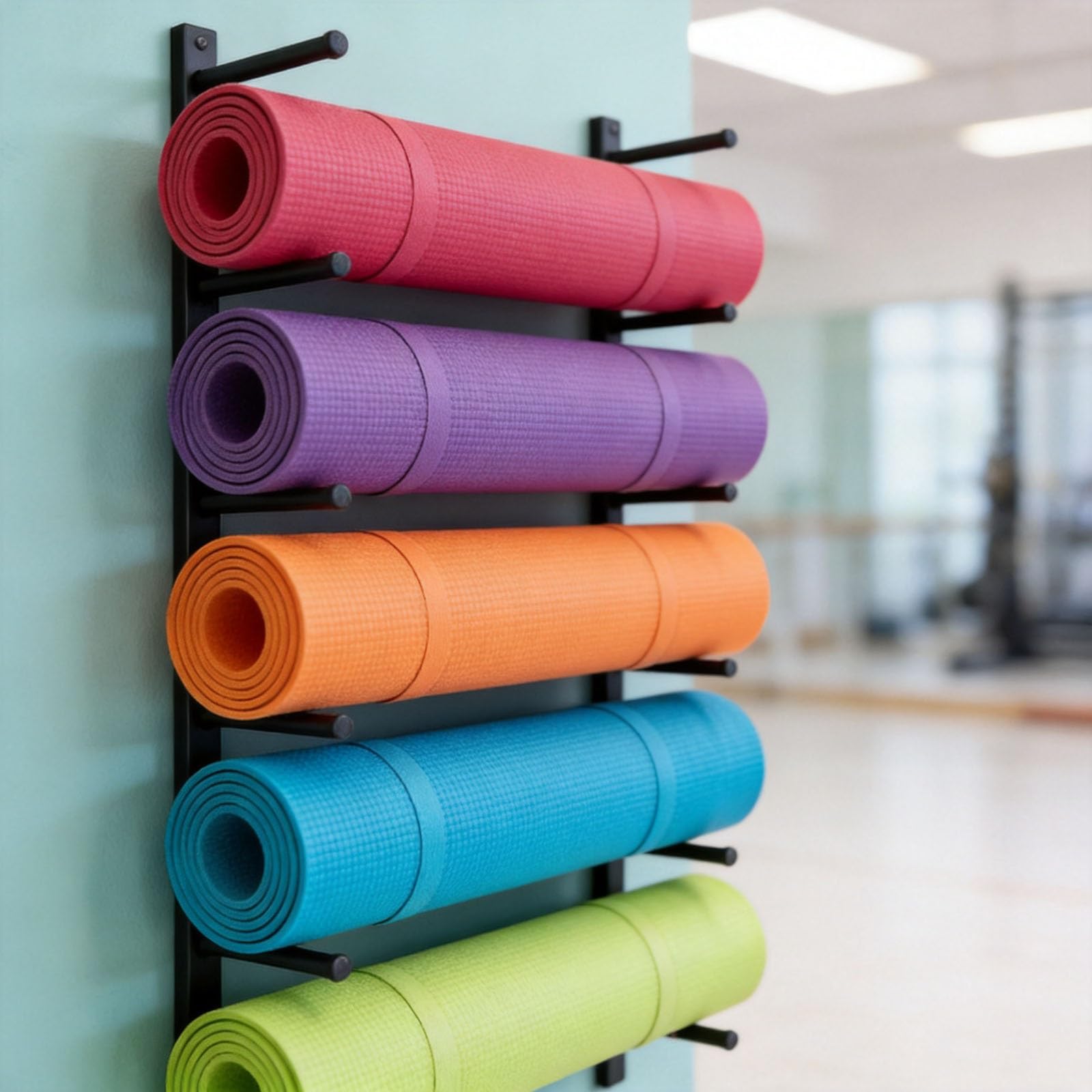 Organizador de almacenamiento para esterilla de yoga, estante montado en la pared para equipo de entrenamiento, diseño que ahorra espacio para rodillos de espuma y accesorios de gimnasio en casa