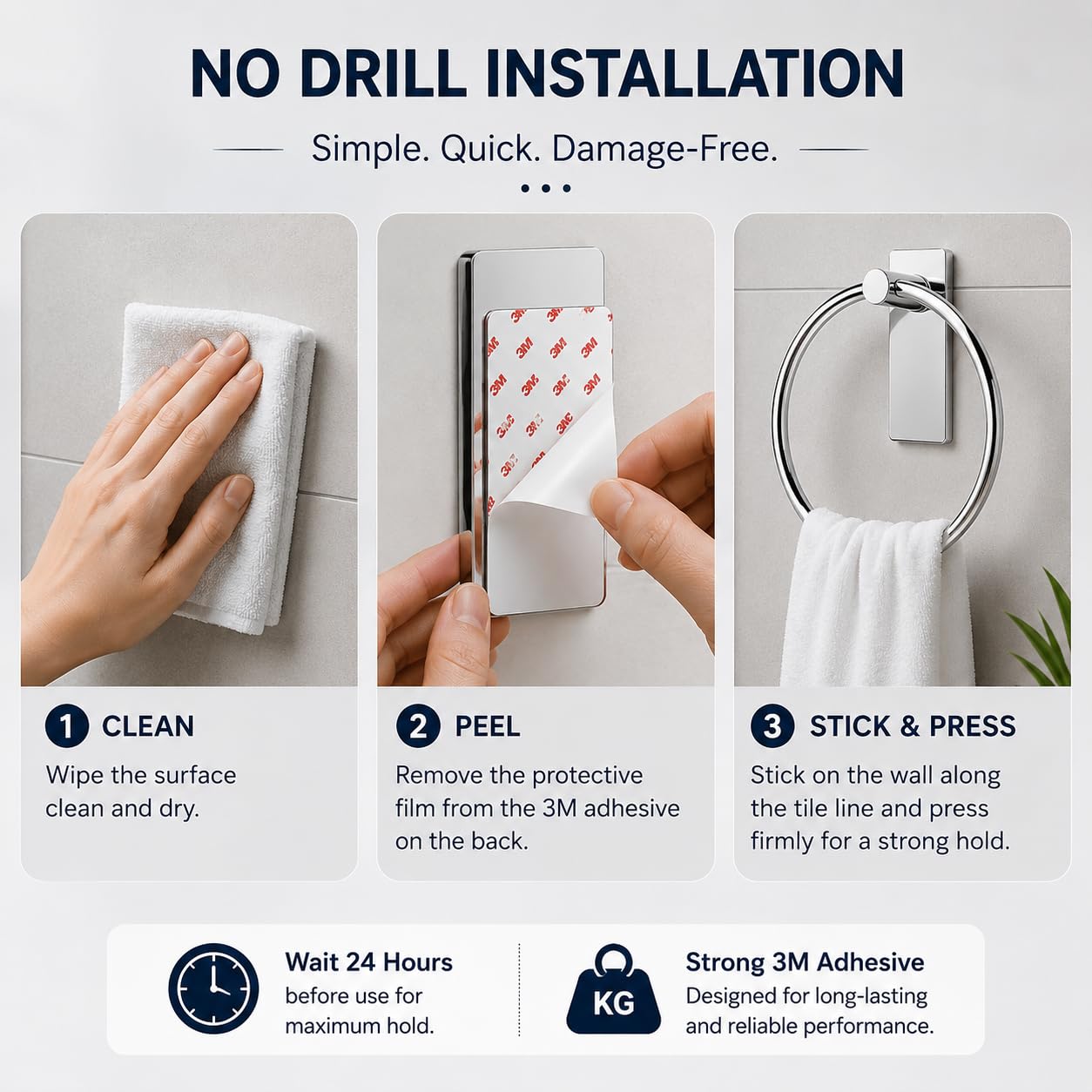 OSLEN Stainless Steel Self Adhesive Towel Ring Holder, No Drill Bathroom Hand Towel Hanger, Strong Adhesive Wall Mounted Towel Ring, Rustproof Chrome Napkin Holder for Bathroom, Kitchen & Wash Basin 1