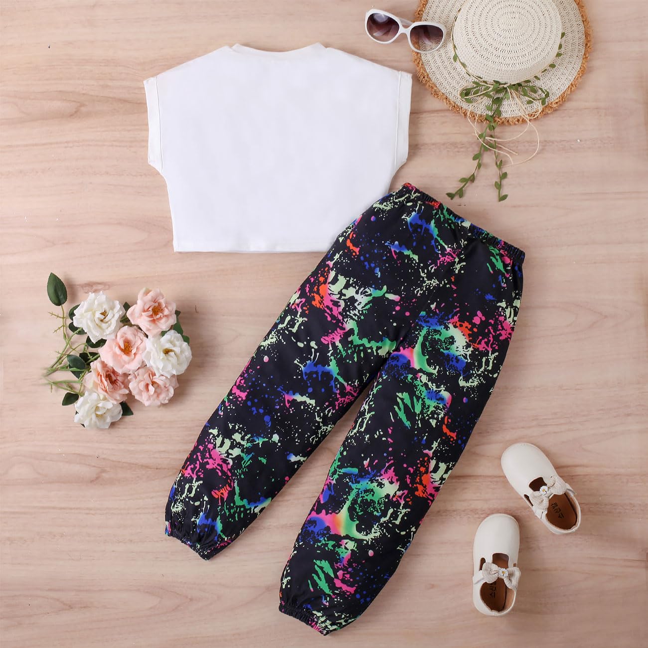 Conjunto Ropa Niña 2 Piezas, Hip Hop Crop Top Manga Corta + Pantalones Camuflaje con Bolsillo, Top e Pantalones Deportivo Ropa Dance Verano Otoño para Niña 5 a 12 Años, Verde/Negro/Azul/Morado
