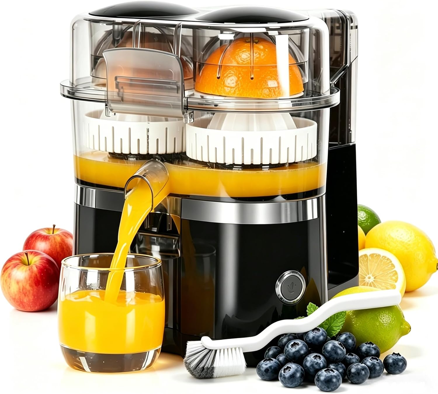 Dual-Head Automatic Citrus Juicer, Electric Citrus Juicer Orange Squeezer with 1-Button Operation, Fast Juicing Machine for Fresh Orange Lemon Lime Juice, Easy to Clean for Daily Kitchen Use (Black)