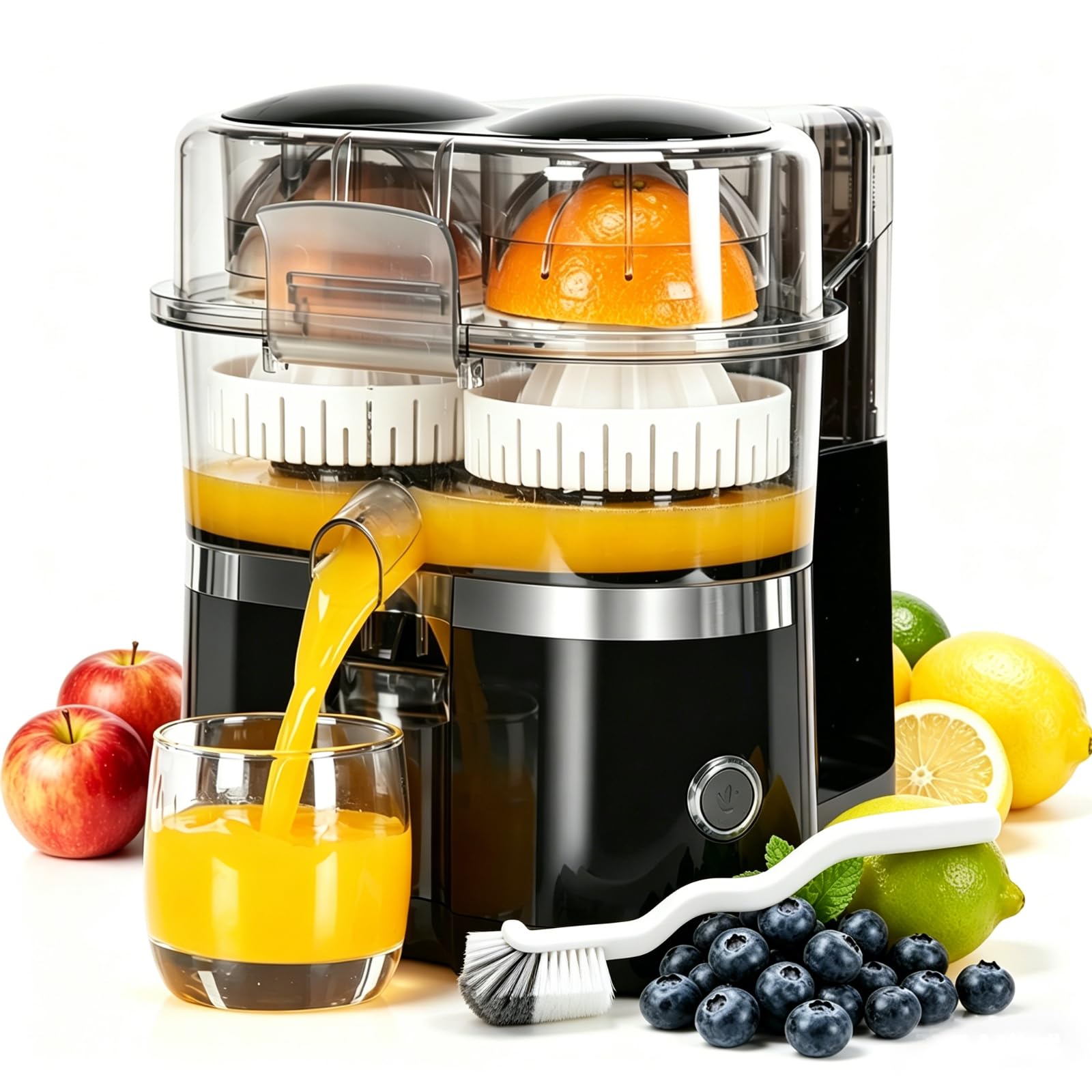 Exprimidor automático de cítricos de doble cabeza, exprimidor eléctrico de cítricos naranja con función de 1 botón, para naranja fresca, limón, lima, kiwi, pomelo, fácil de limpiar y usar (negro)