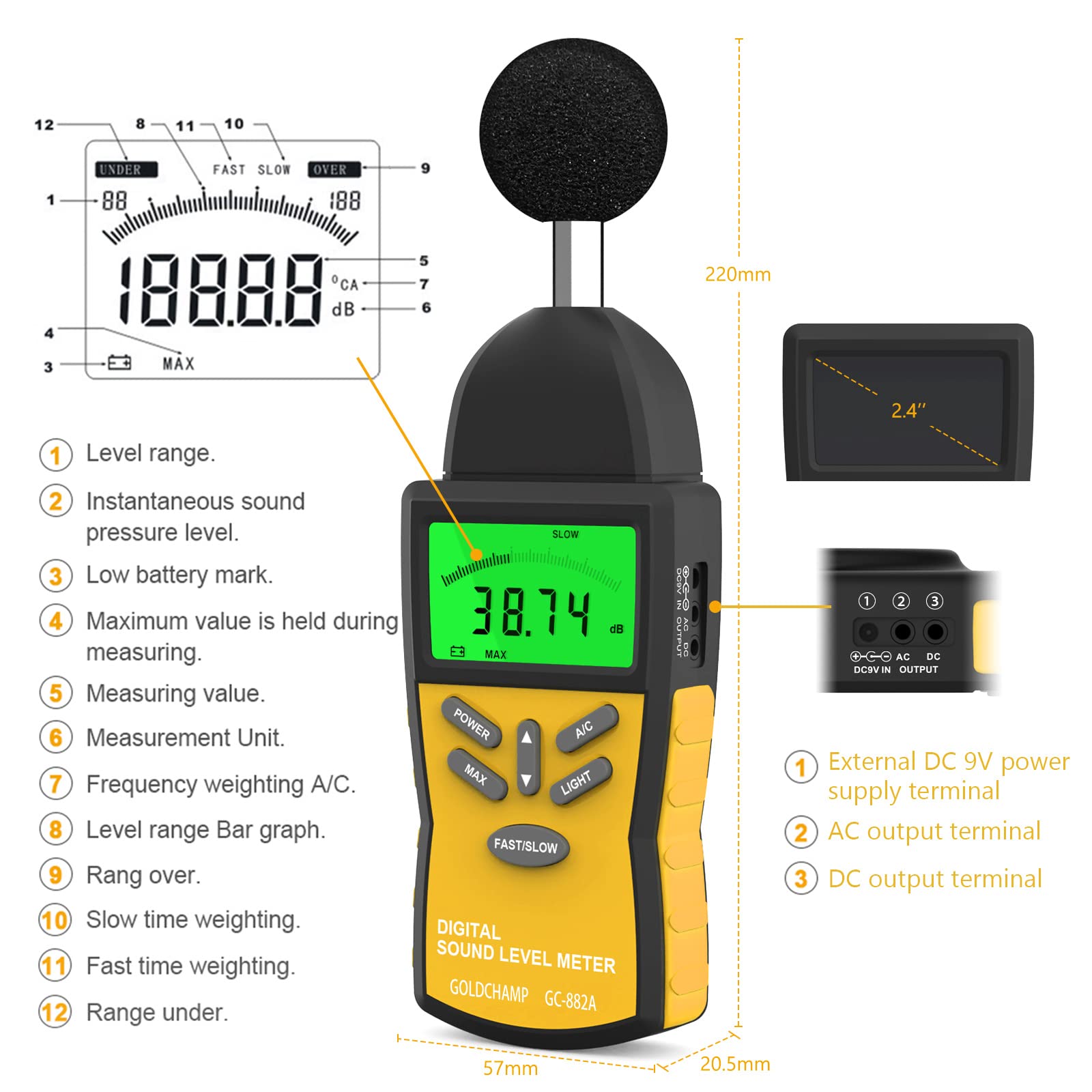 Testeur de décibels, niveau sonore 882A portable 30-130 dB avec écran LCD à 5 chiffres, testeur de bruit dBA/DBC, sélection rapide/lente pour le contrôle de la qualité du son, jaune