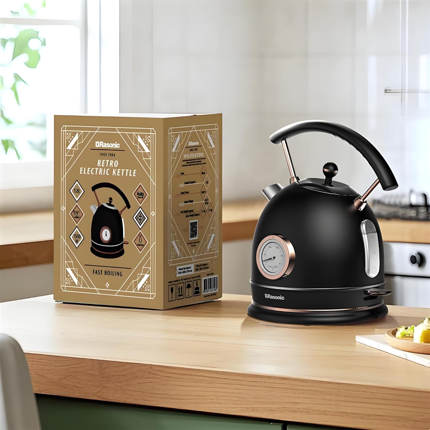 Rasonic Hervidor eléctrico clásico retro, acero inoxidable de 1,8 L, 1500 W, rápido y silencioso, indicador de temperatura, luz LED, apagado automático, uso doméstico y oficina, acabado mate, negro y