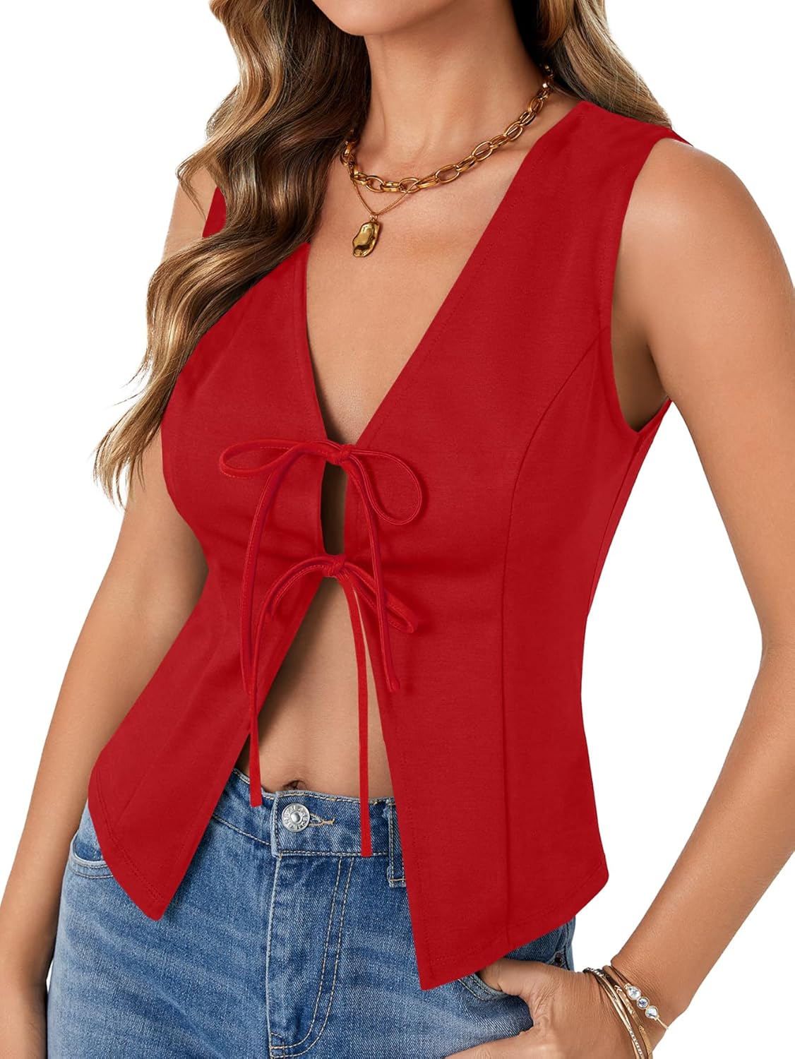 Vrtige Women's Bow Tie Open Front Deep V Neck Sleeveless Sexy Vest Tank Summer Top - Image 3