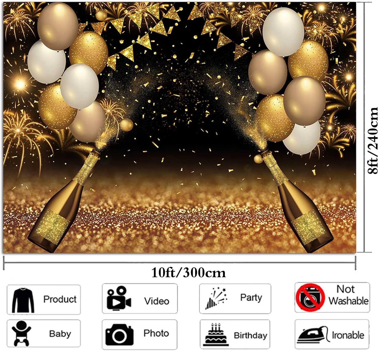 Black Golden Balloons Photography Background Gold Champagne Bokeh Photo Backdrops for Graduation Prom Holiday Party Supplies Father's Day Birthday Decoration Studio Props Banner 10x8ft