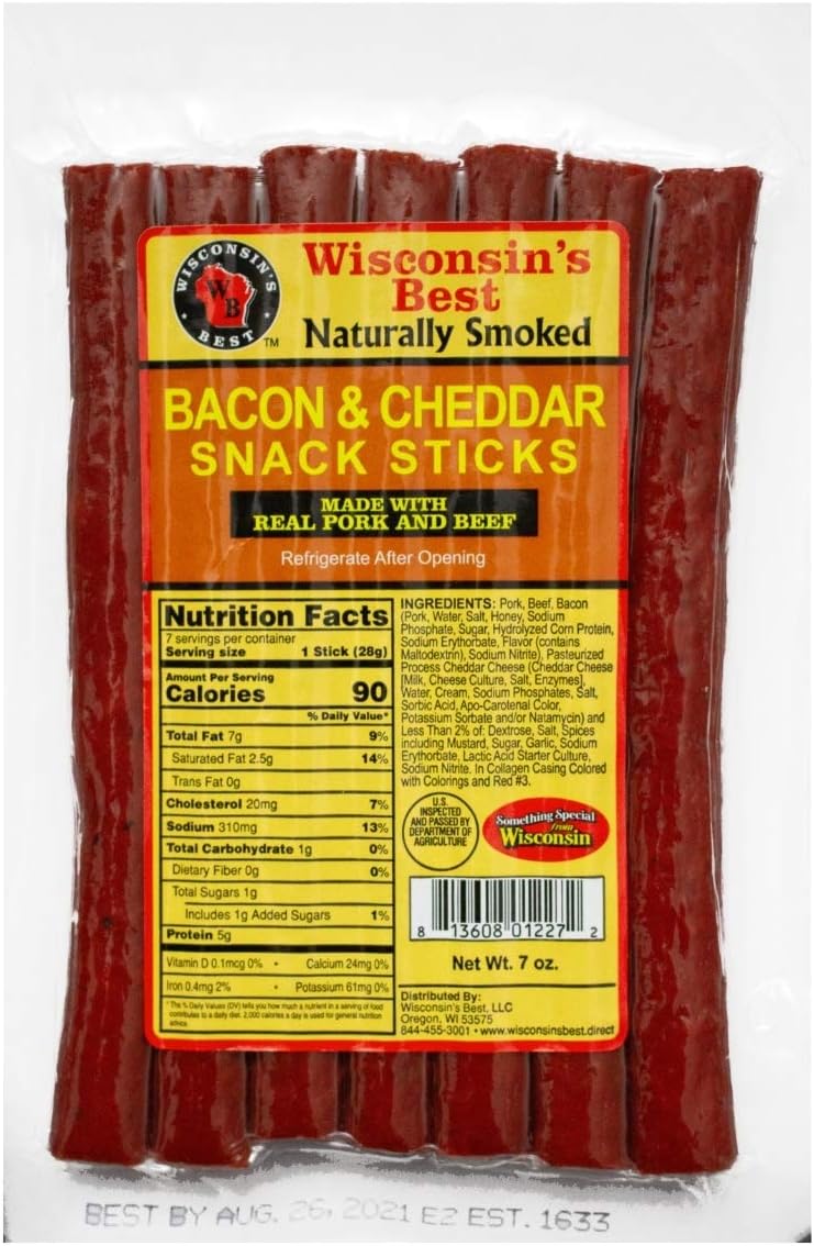 Wisconsin's Best Bacon and Wisconsin Cheddar Cheese Protein Snack Meat Sticks, 7, 1 oz