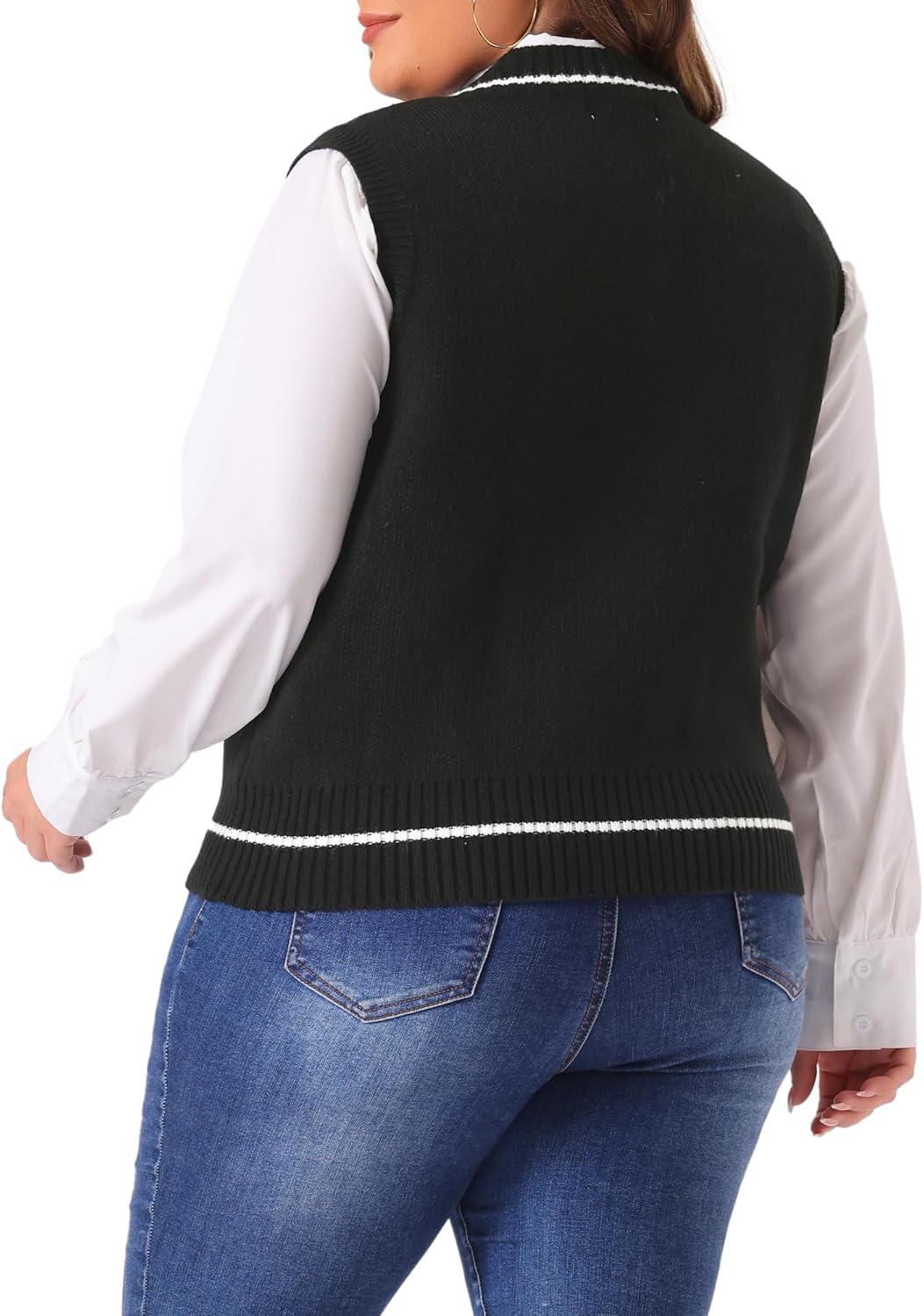 Agnes Orinda Plus Size Sweater Vest for Women V Neck Stripe Cable Knit Sleeveless Pullover Sweater Vest - Image 4