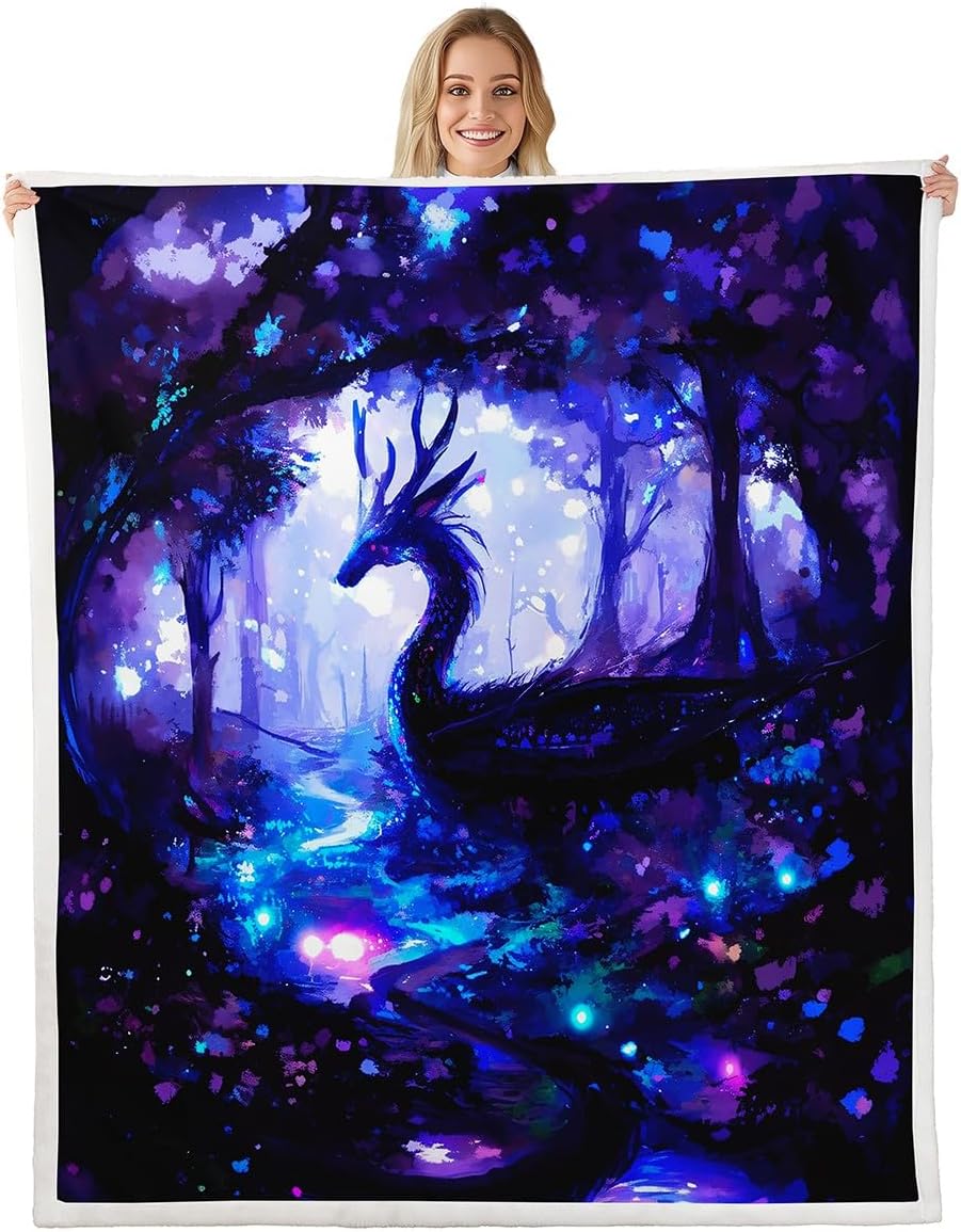Feelyou Dragon Sherpa Blanket Magical Fantasy Fleece Throw Mythical Creatures Plush Blanket Boho Psychedelic for Sofa Bed Couch,Blue,Queen 90x90 Inch