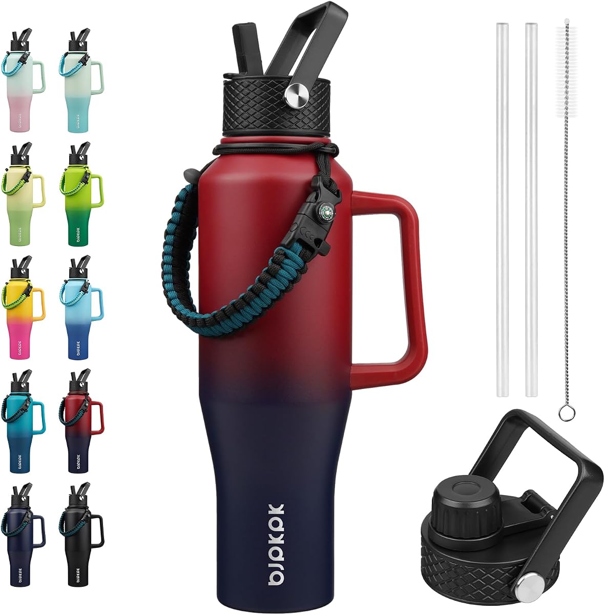Botella de agua aislada BJPKPK de 40 oz con mango y tapa de paja, acero inoxidable | Aislamiento al vacío con tapa de paja y tapa de boquilla, correa Paracord, mantener fría y caliente, a prueba de fugas, sin BPA, para gimnasio, senderismo, viajes