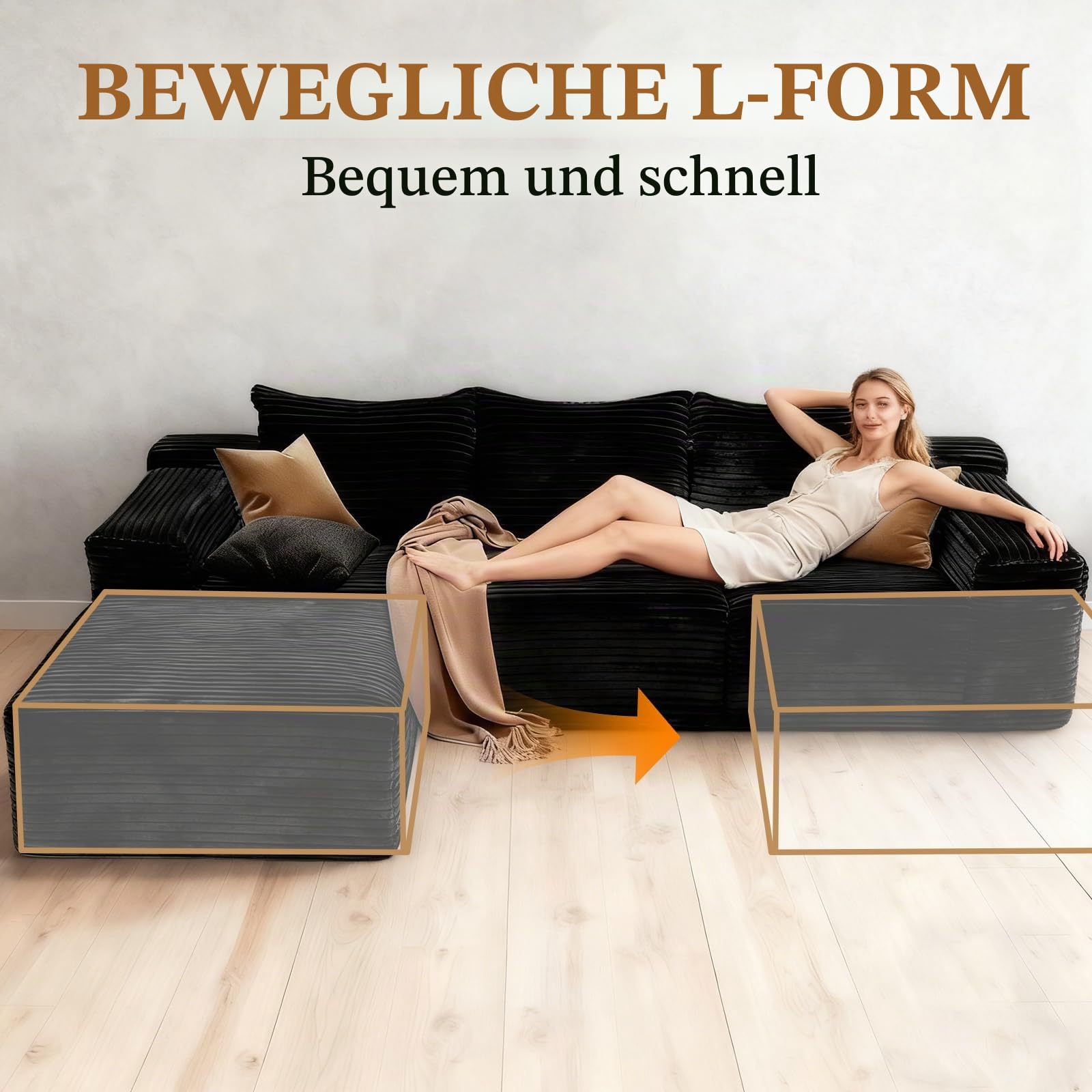 275cm Ecksofa mit Schlaffunktion, L-Form Schlafsofa 3-Sitzer mit Ottomane Links oder Rechts, Relaxsofa für Wohnzimmer, freistehend, Keine Montage