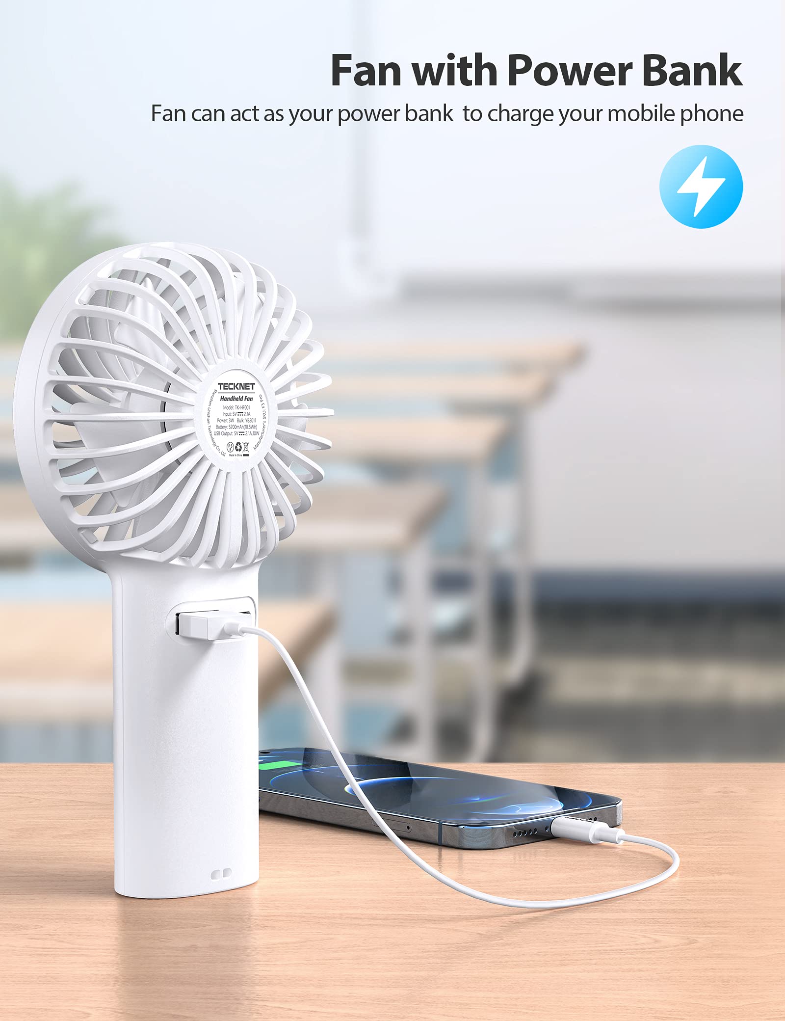 TECKNET Mini Wentylator Ręczny 2 w 1, Przenośny Wentylator 5200mAh z Funkcją Power Banku, USB Ładowalny Wentylator z 3 Regulowanymi Prędkościami, Nadaje się do Użytku Biurowego/Podróży/Na Zewnątrz