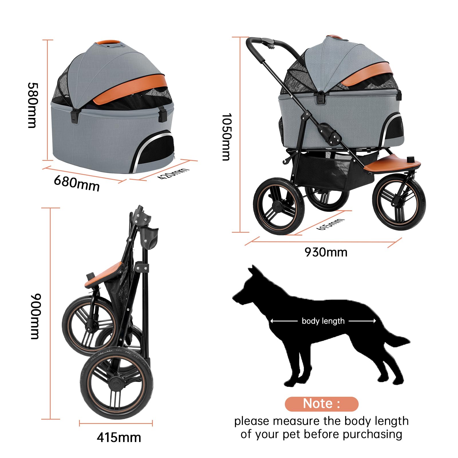 Nahofi Dog Stroller for Medium Small Dogs, 3 in1 Pet Stroller Zipperless Dog Cat Jogger Stroller 3 Wheels with Detachable Dog Carriage, Storage Basket and One-Button Folding Frame for Pets Walk-Gray