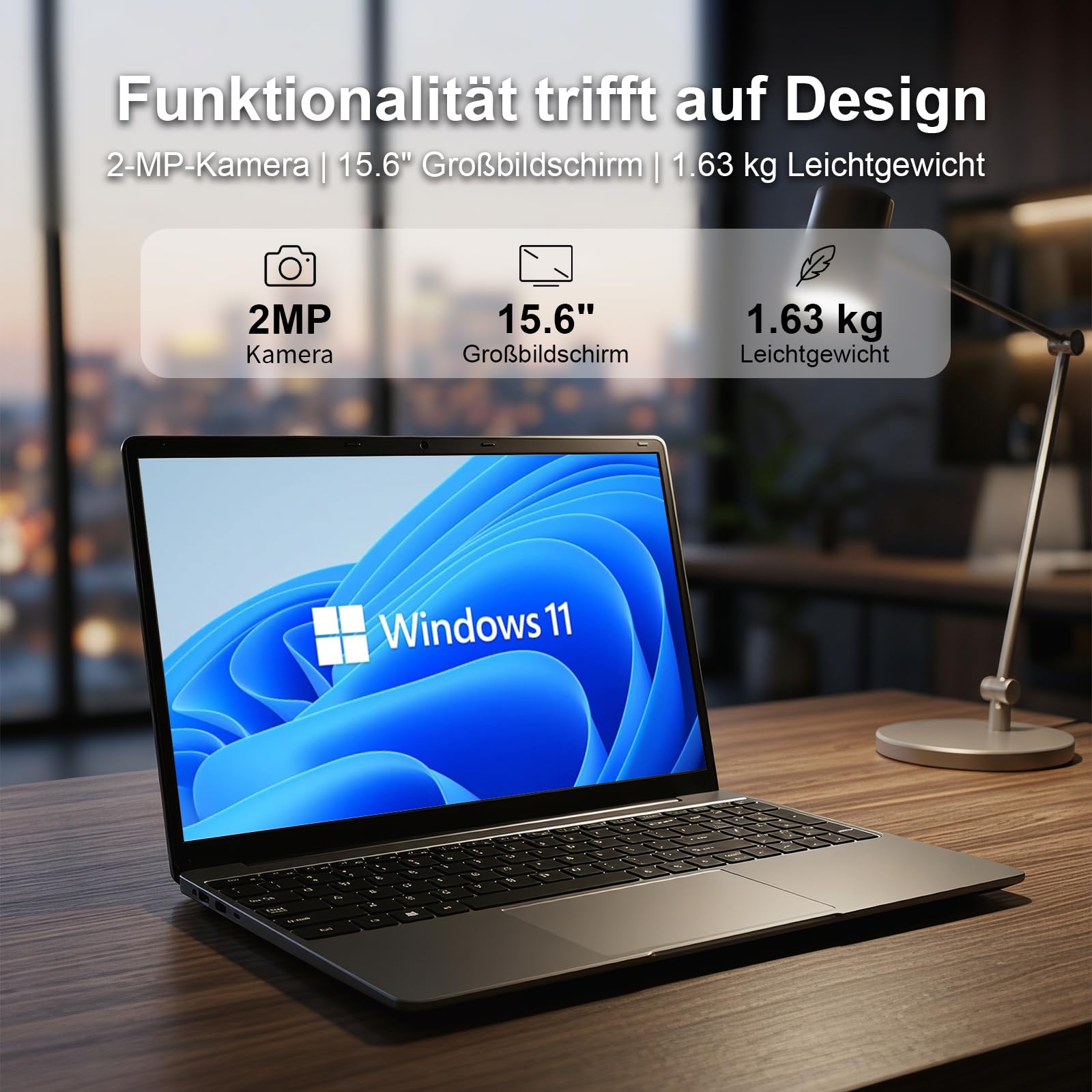 Laptop 15.6 Zoll Windows 11 Notebook mit Deutscher Tastatur 5205U Prozessor 4GB RAM 128GB ROM