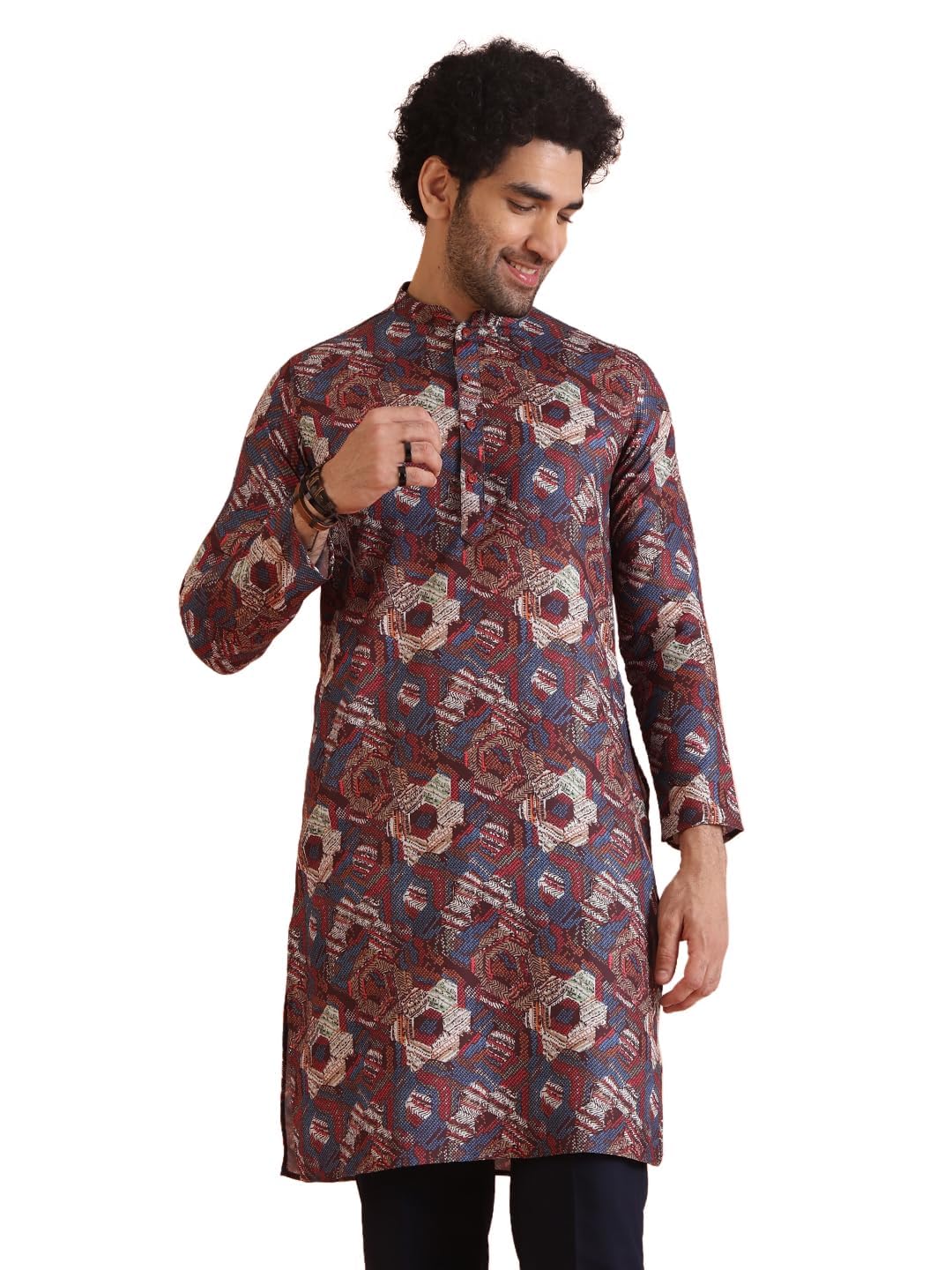 Kisah Men Berry Ethnic Motifs Printed Mandarin Collar Straight Kurta Full Sleaves, Knee Length, Straight, Regular Fit, Mandarin Collar Ethnic Wear