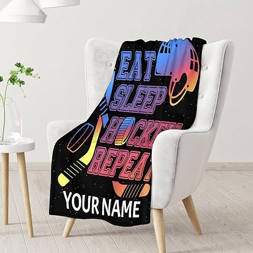 Miniatura 2 de Manta de hockey personalizada con nombre, manta deportiva de 30 x 40 pulgadas para niños y niñas, manta de felpa suave azul para sofá, oficina