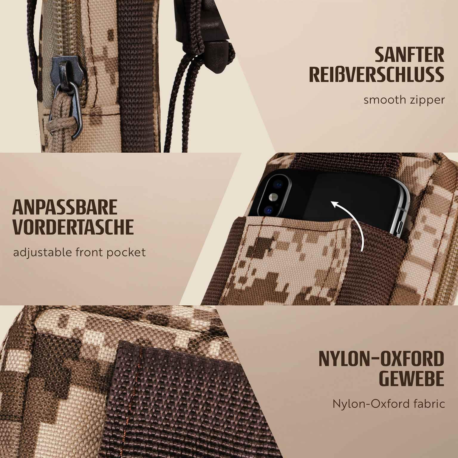 ONEFLOW Custodia di sopravvivenza per Huawei Pura 90, custodia da cintura in nylon con moschettone, borsa tattica EDC con supporto per cintura, custodia per cellulare per esterni, marrone mimetico