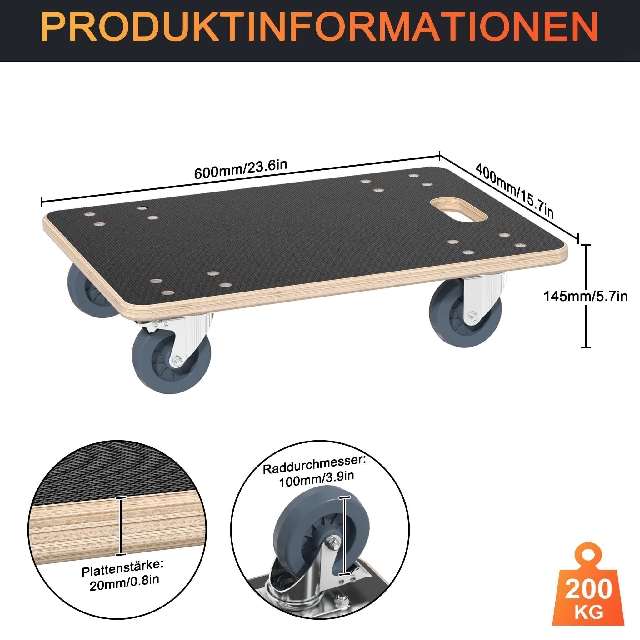 Aufun 2 rotelle per il trasporto, 60 x 40 cm, con freno, per il trasporto con aiuto per il trasporto, trasporto di mobili fino a 200 kg, robusto e sicuro