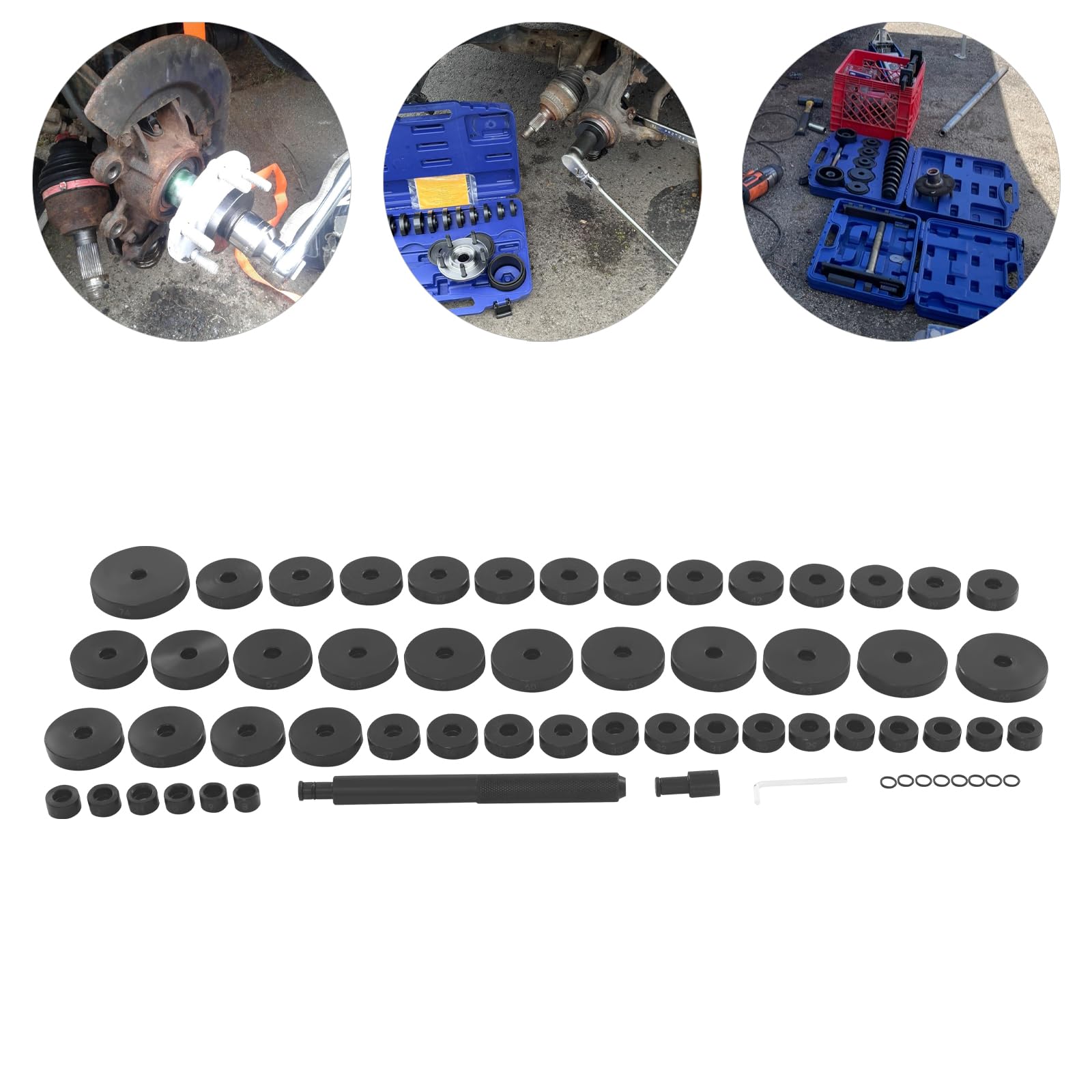 Juego de 52 piezas de discos de montaje para rodamientos de rueda, arandelas de sellado radial, casquillos, tazones de montaje, kit de herramientas de desmontaje de 18 – 65 mm