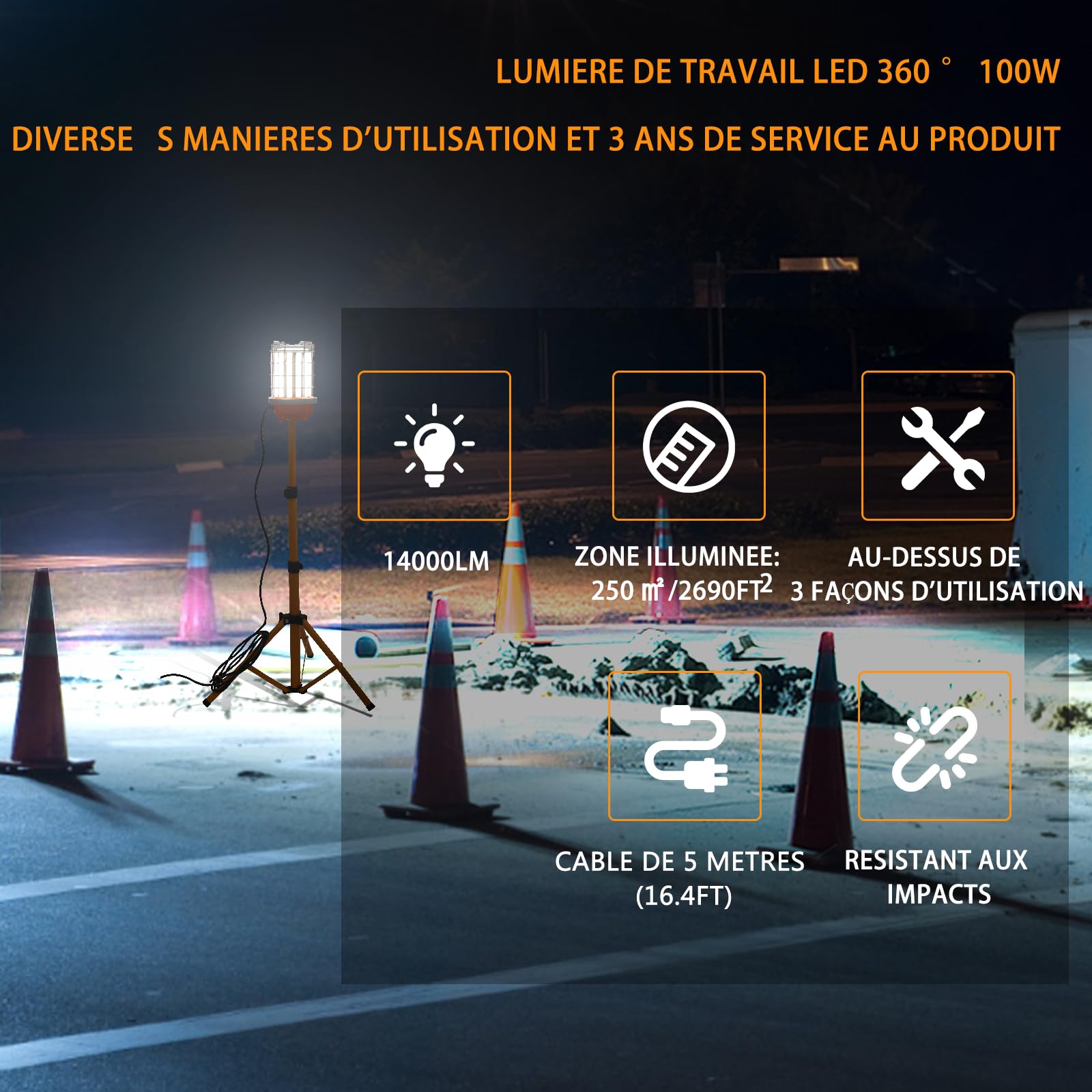 100w Projecteur de Chantier sur Trépied,14000 lumens, Lumière à 360 degrés.Utile pour l'entrepreneur et la famille. Également utilisé pour un événement extérieur/Party (100W 14000lm)