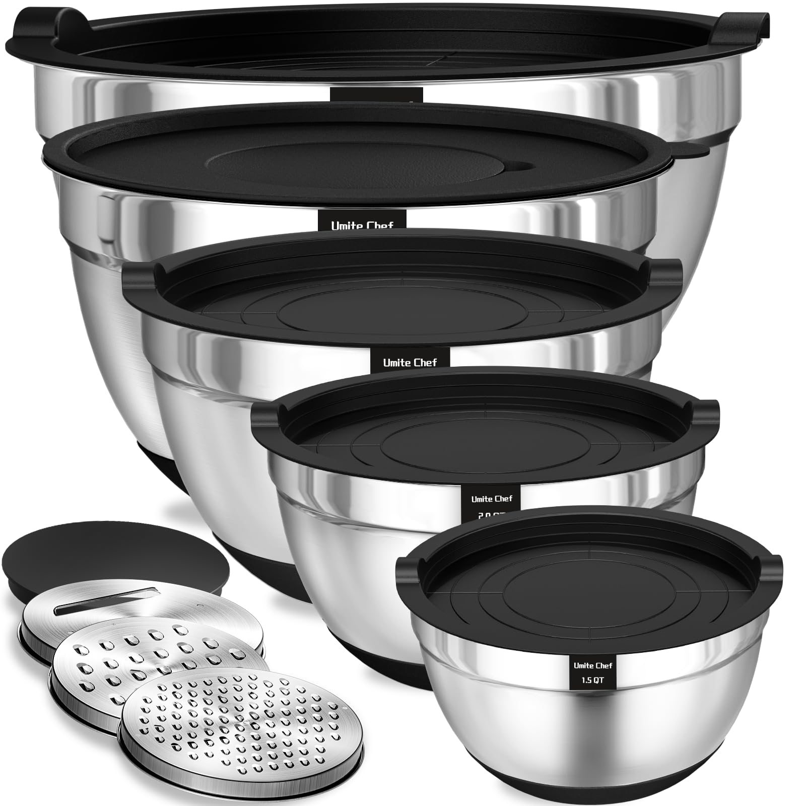 Umite Chef Mixing Bowls with Airtight Lids, 8-Piece Stainless Steel Nesting Set