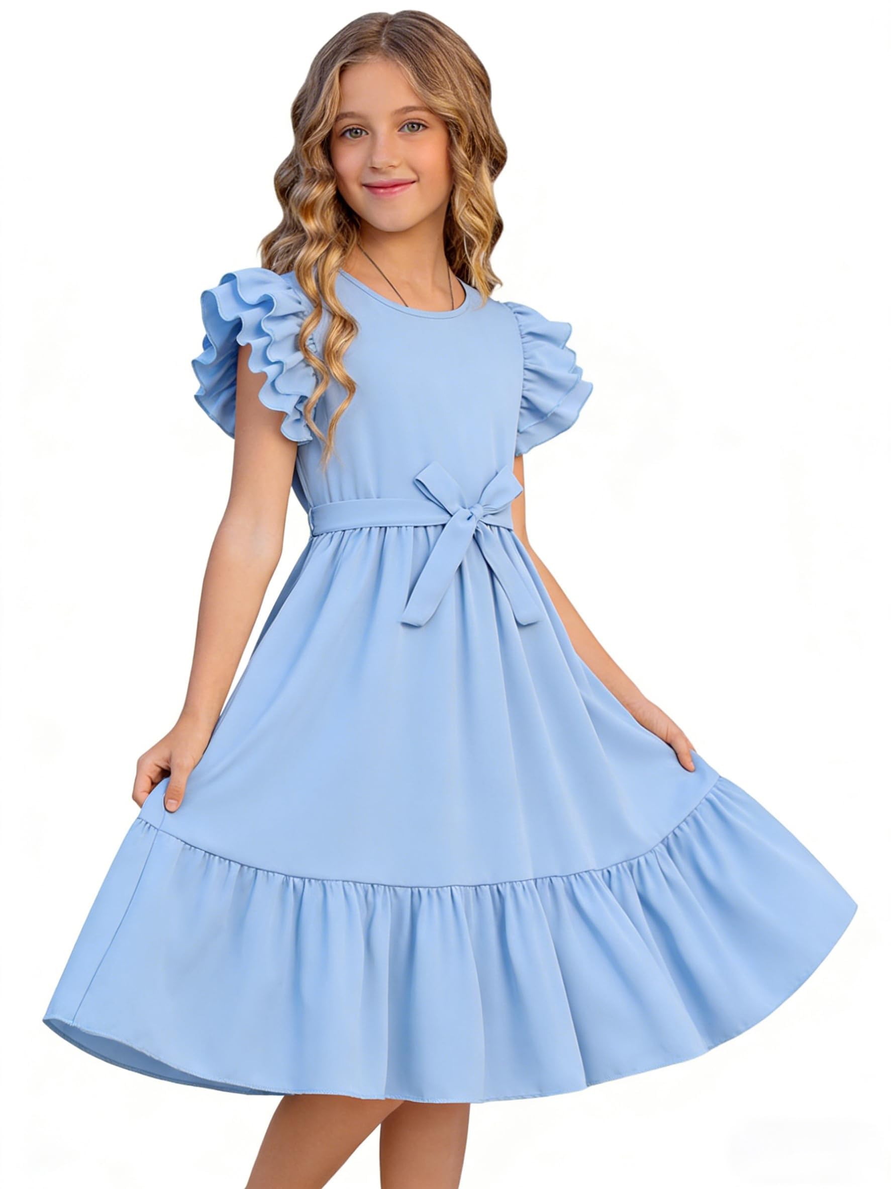 GOTHLETIC Girls Dresses Double Layer Ruffle Sleeve Dress Casual Summer Elegant A-Line Flowy Dresses 6-14 Years