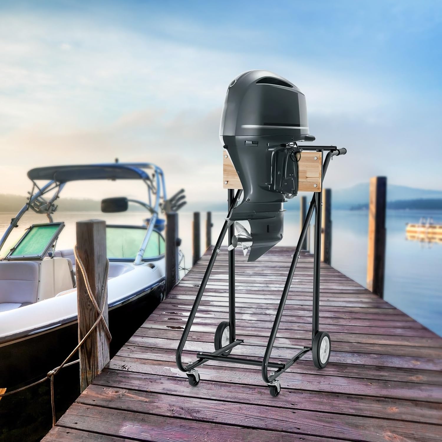 Outboard Boat Motor Stand, 330 LBS Heavy Duty Engine Carrier, Portable Cart Dolly with 4 Wheels for Storage, Motor Transportation & Repair Maintenance, Outboard Motor Stand (Black & Natural)