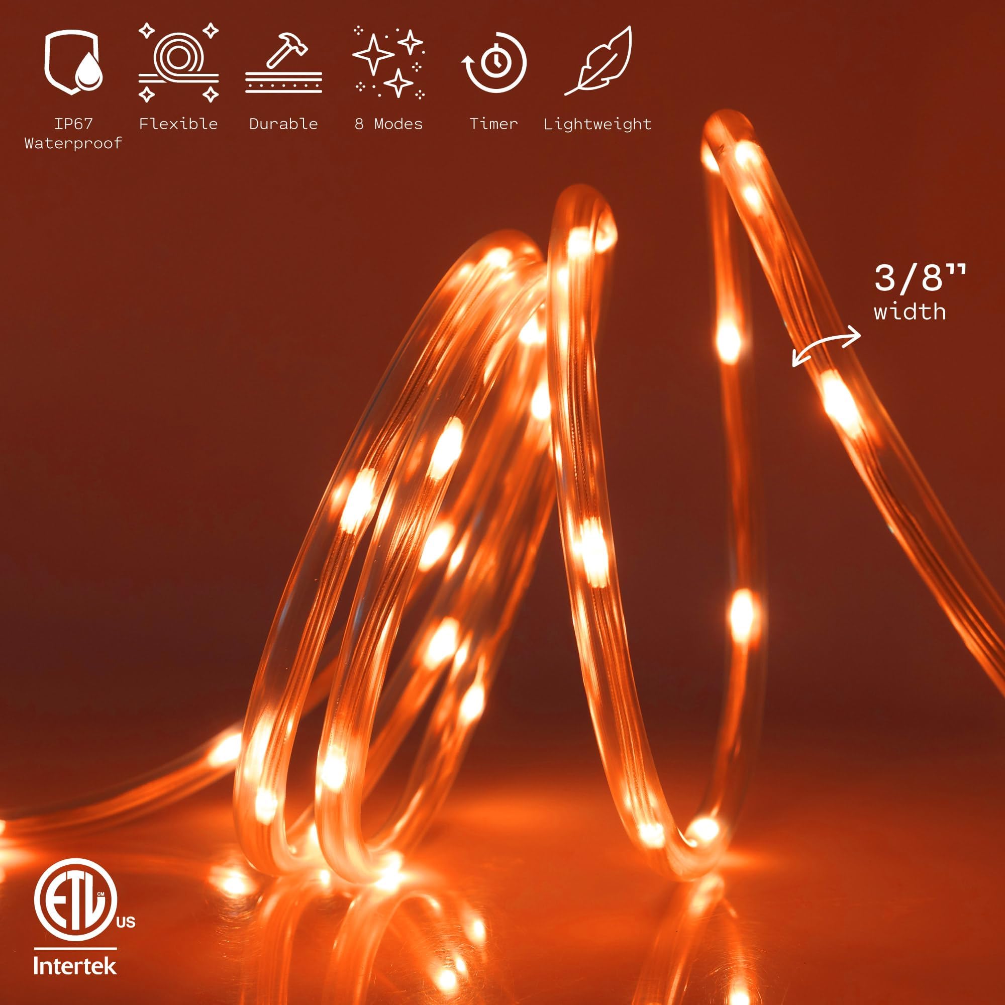 West Ivory 10ft 8-Mode LED Rope Light, Outdoor Waterproof Accent Lighting, Remote Control Included, ETL Certified w/Clear Flexible PVC Tube, Backyard, Christmas Lights, Ambient Décor - Orange