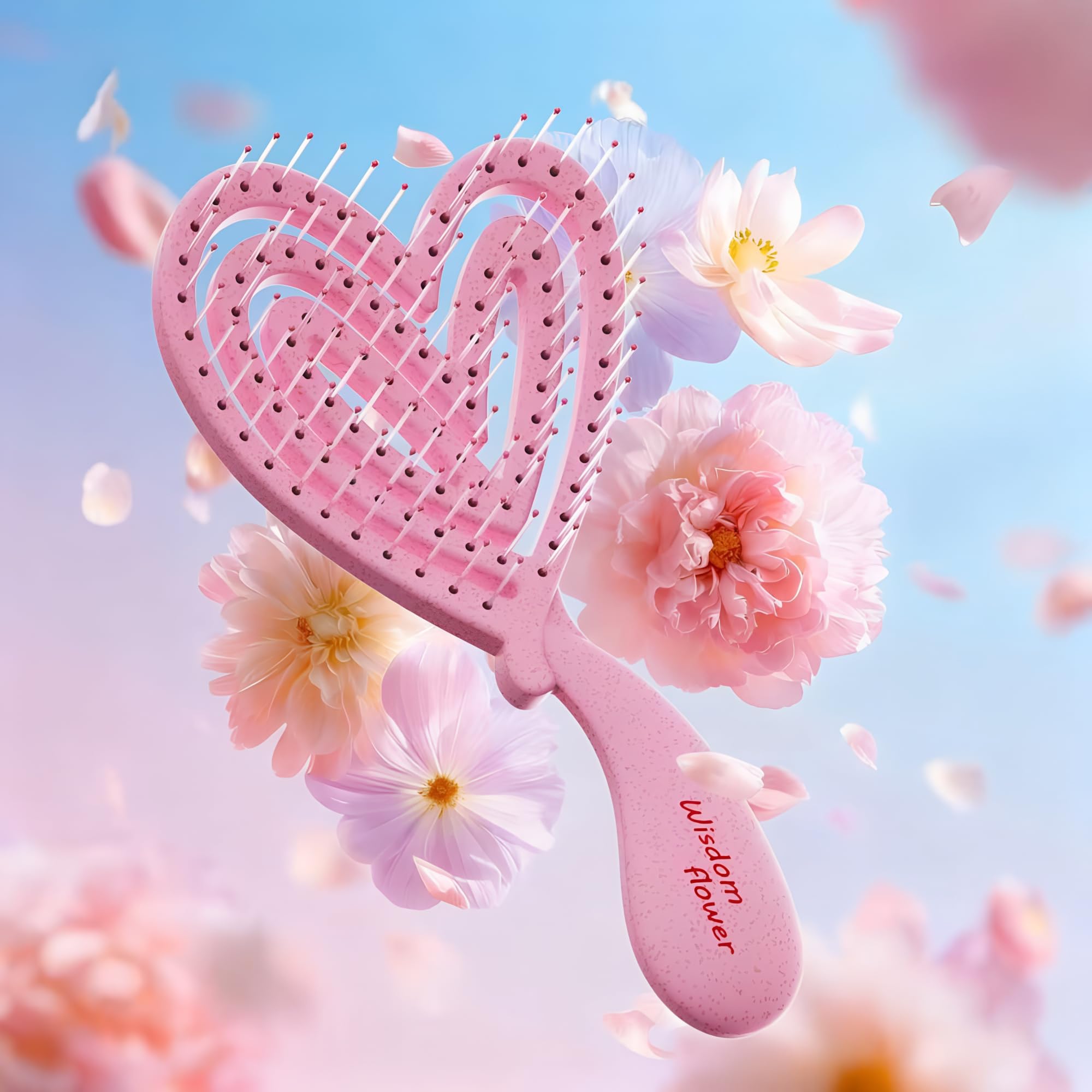 Szczotka do rozczesywania włosów w kształcie serca do kręconych, falowanych, grubych włosów - różowa szczotka do włosów Sakura dla kobiet z zakrzywioną miską, elastycznym włosiem