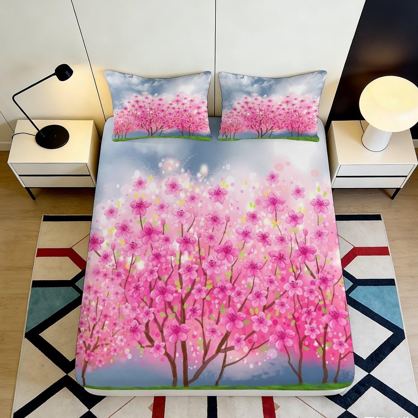 3D Printed Cherry Blossom Fitted Sheet Microfiber Deep Pocket Non-Slip Sakura Mattress Fitted Cover Breathable Bedding 180x200x25cm