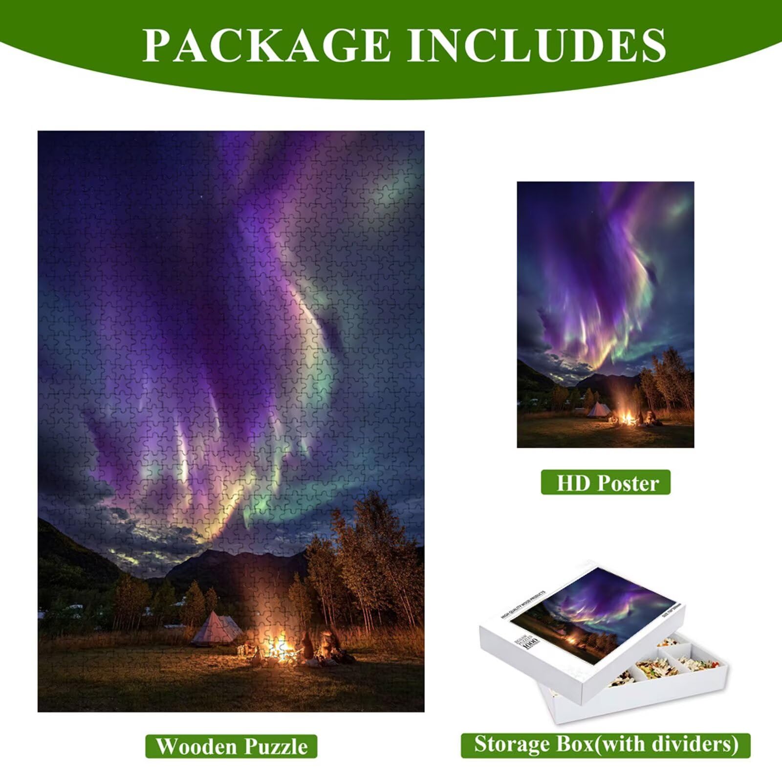 Puzzle 1000 Pezzi - Aurora & Paesaggio - Puzzle in Legno Durevole con Lettere sul Retro - 75 x 50 cm - Hobby Creativo Senza Polvere - Articolo per Collezionisti e 14 Anni in Su P3#1320