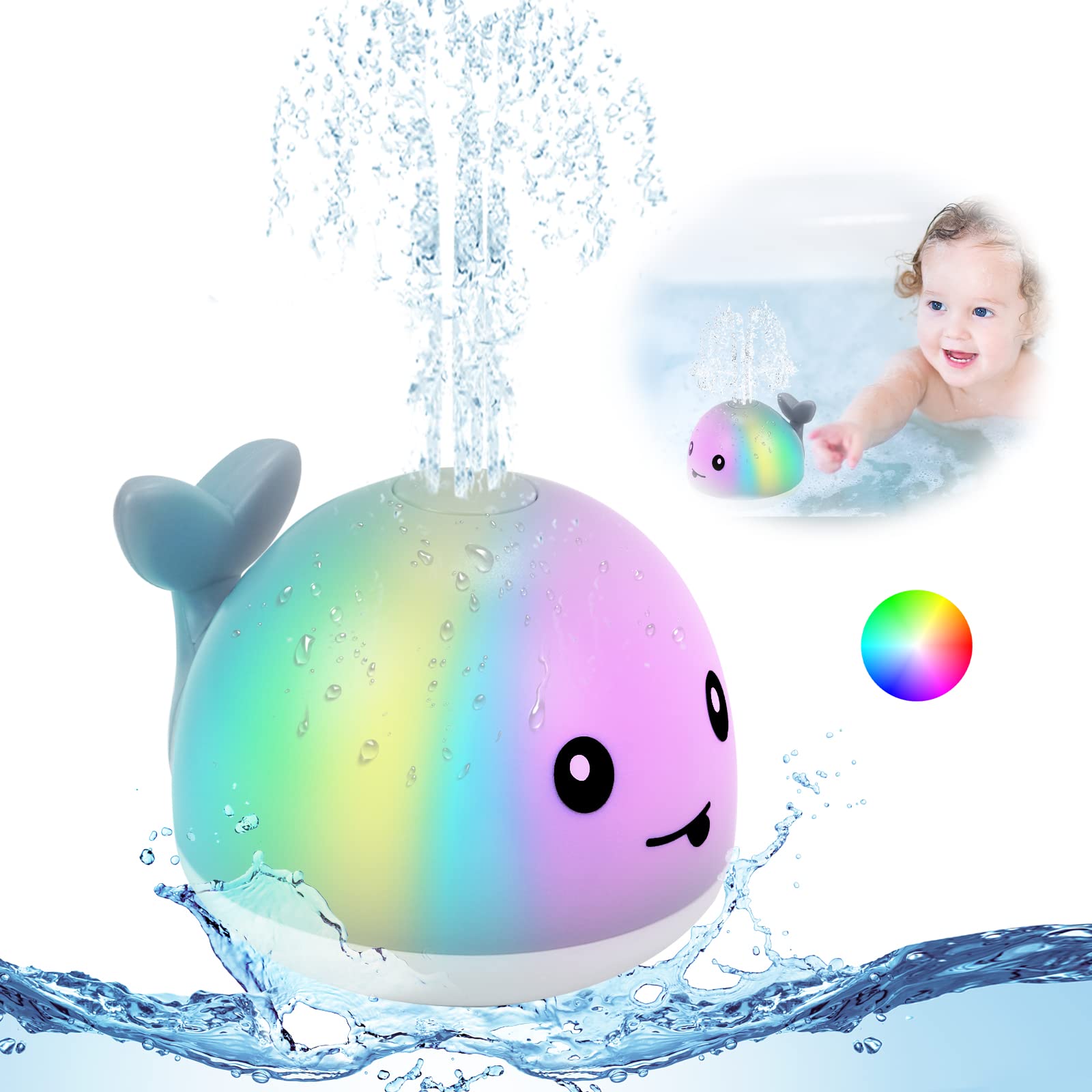 Goanueei Baby Bath Toys, Spray Water Whale Swimming Pool Toy, LED Light up Bath Tub Toys for 6-12 months, 1-2-3-5 Year Old Bath Time, Sprinkler Toy - Gifts for Kids Toddler Infant (Grey Whale)