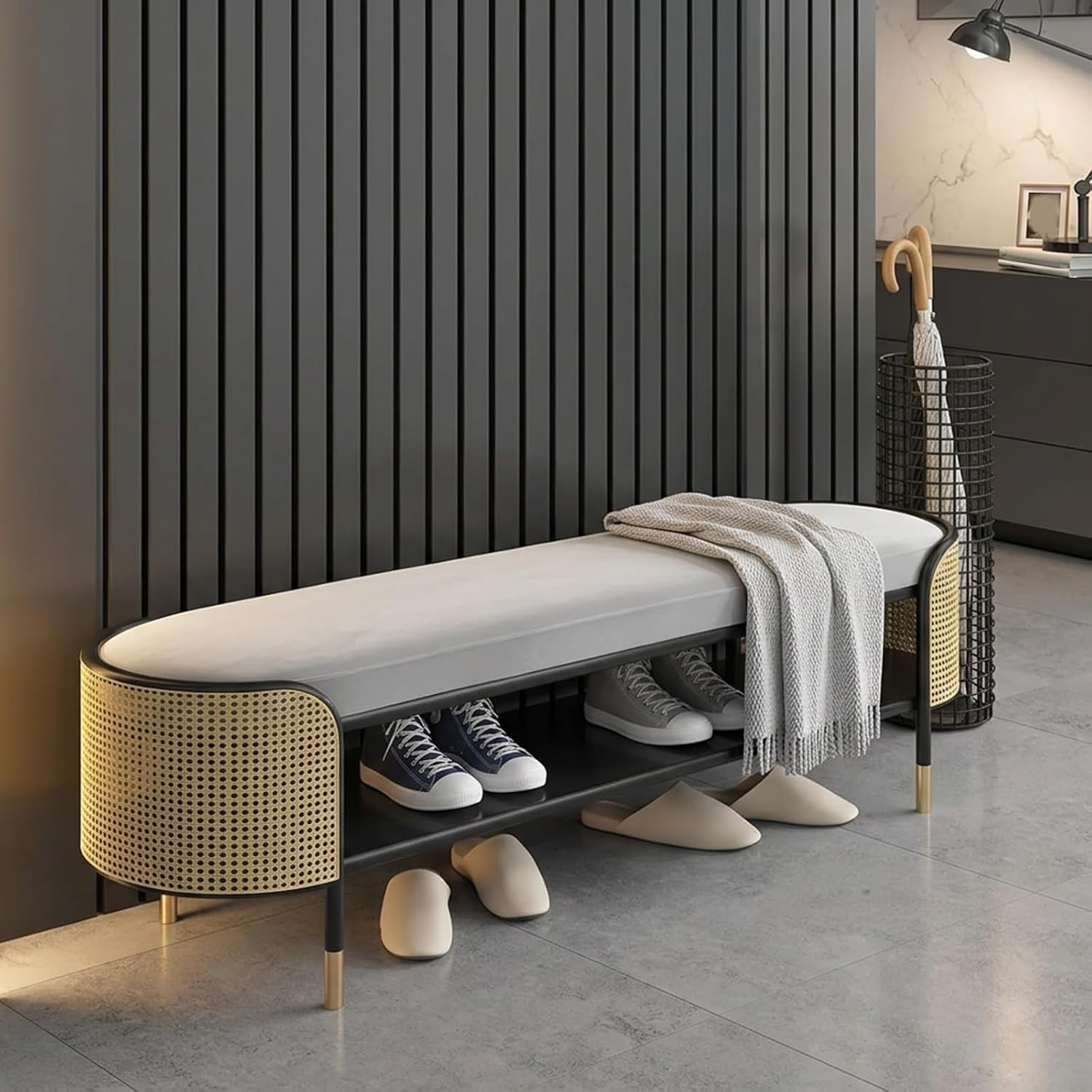 Modern Rattan Shoe Bench, Upholstered Entryway Bench with Storage Rack