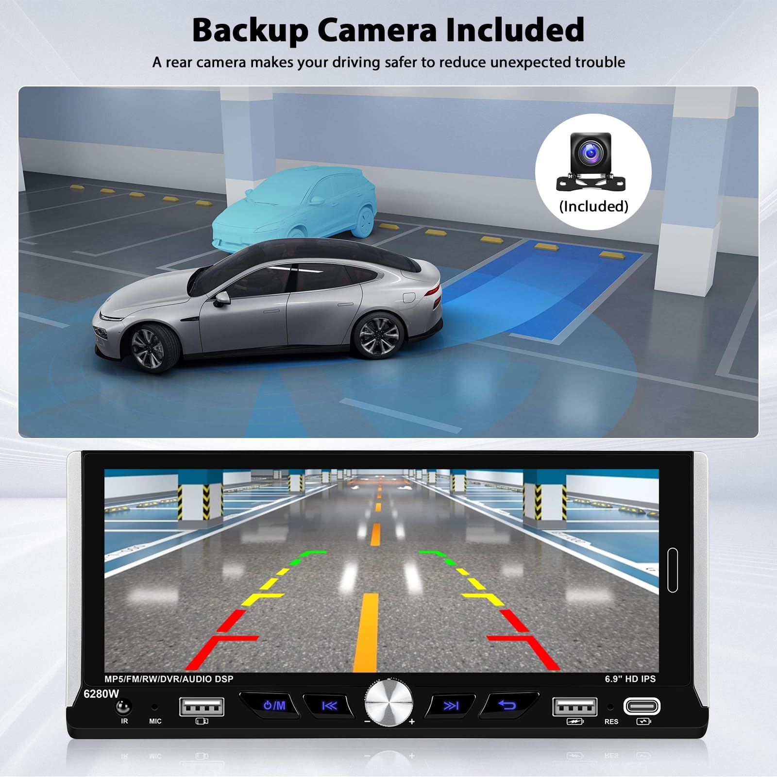 Inefala Bluetooth Car Stereo 1 Din kompatybilny z bezprzewodowym Carplay Android Auto 6,9-calowy ekran dotykowy Samochodowy zestaw stereo obsługuje Bluetooth/Mirror Link/Radio FM RDS/USB/EQ/Type-C