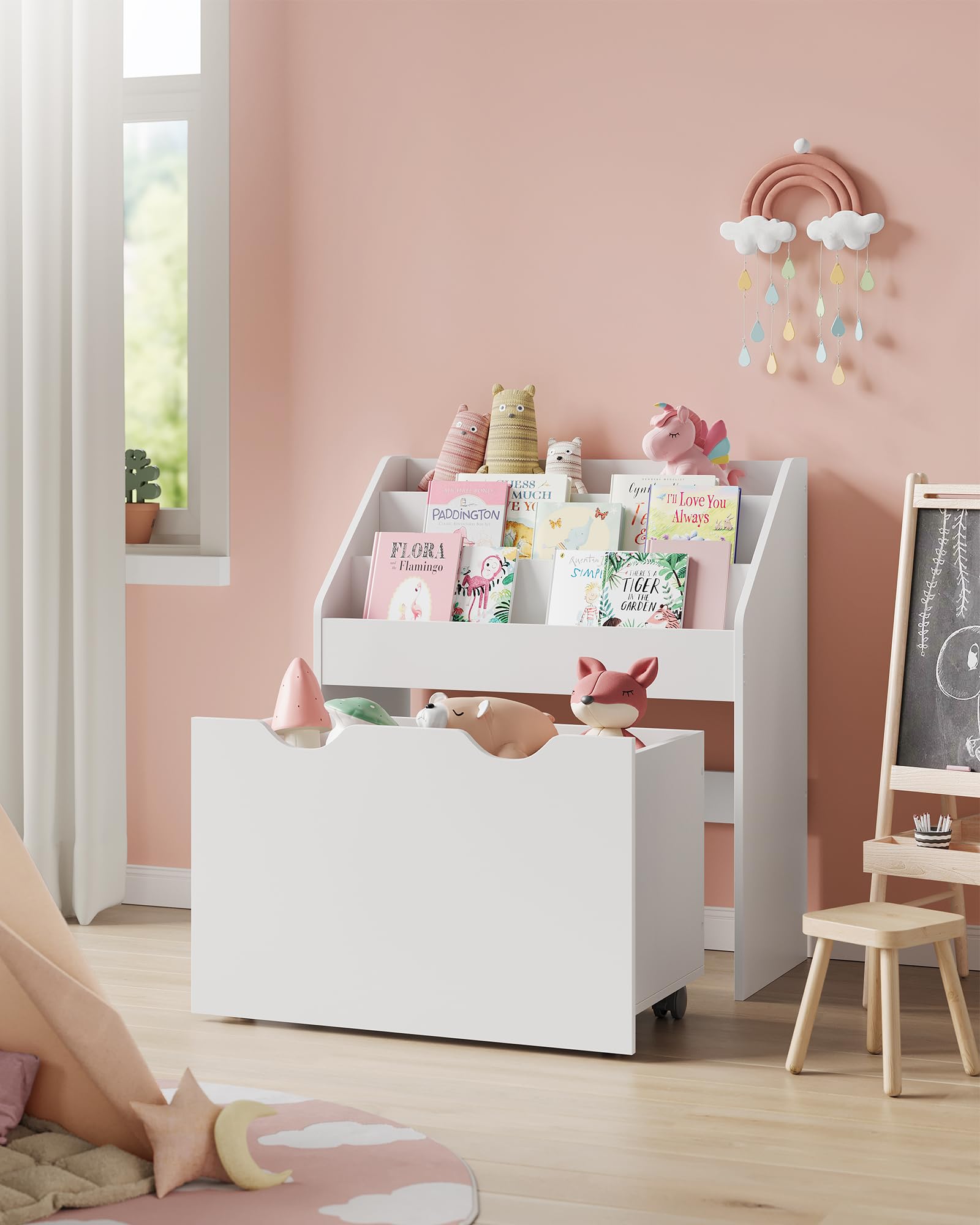SONGMICS Bücherregal Kinder, 3 Regalebenen, Aufbewahrungsbox auf Rollen, wolkenweiß GKR041W10