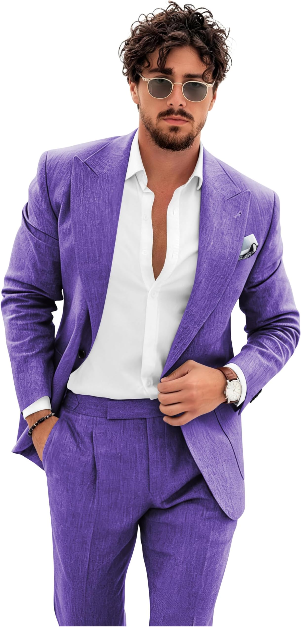 Wangyue Mens 2 Piece Linen Suit Slim Fit Beach Wedding Linen Suits for Men Casual Summer Prom One Button Blazer Pants