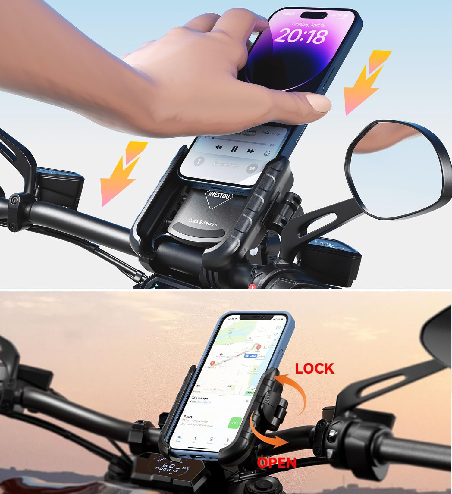 iMESTOU Ulepszony antywibracyjny uchwyt na telefon uniwersalny do iPhone'a Samsung 13.7 cm-18.3 cm smartfonów o grubości do 15 mm, szybkie zapięcie, amortyzator, pasuje do kierownicy motocykla 12-45