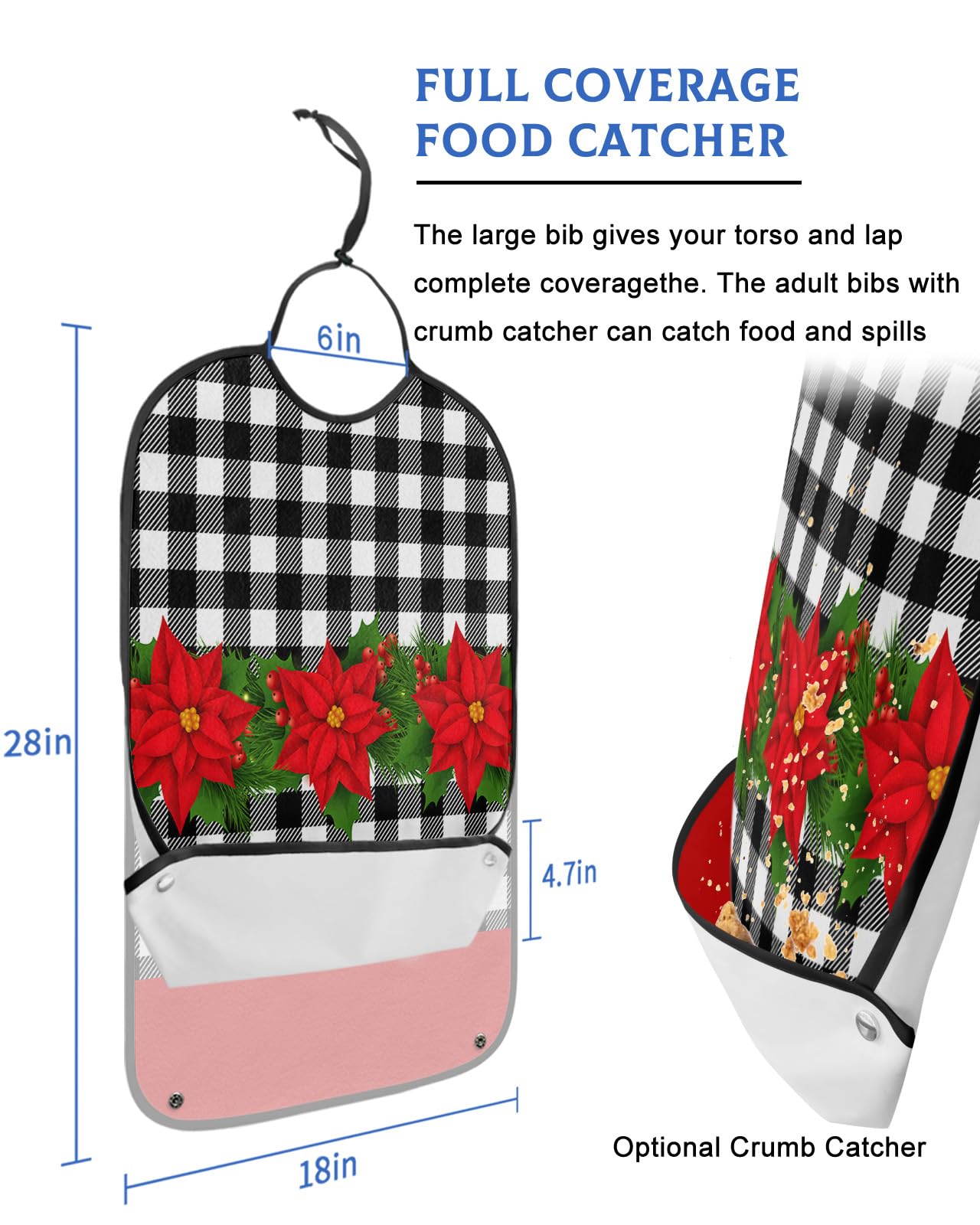Christmas Floral Adult Bibs for Eating, Waterproof Bibs with Food Catcher & Adjustable Snap Closure, Black White Buffalo Plaid Poinsettia Washable Clothing Protectors Adult Bibs for Elderly Women/Men