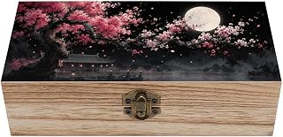 Moonlit And Serene Waters Wooden Storage Box with Hinged Lid for Women, Compact Durable Jewelry Gift Box for Preserve Photos Letters Small Heirlooms