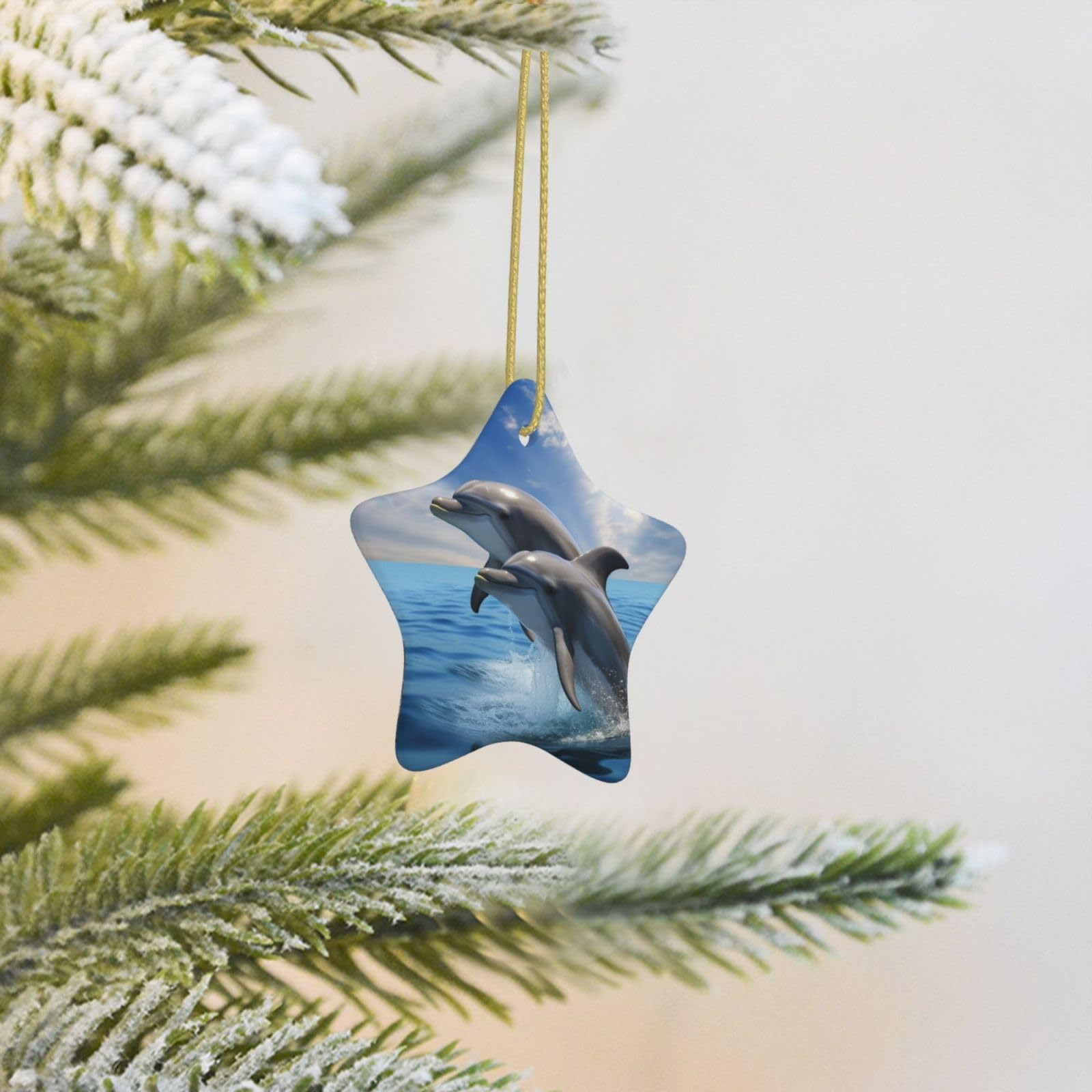 Christmas Tree Decoration Hanging Star Ornament Two Dolphins Ceramic Ornaments Christmas Tree Decorations Star Pendants for Xmas Tree Winter New Year Wedding Party Supplies