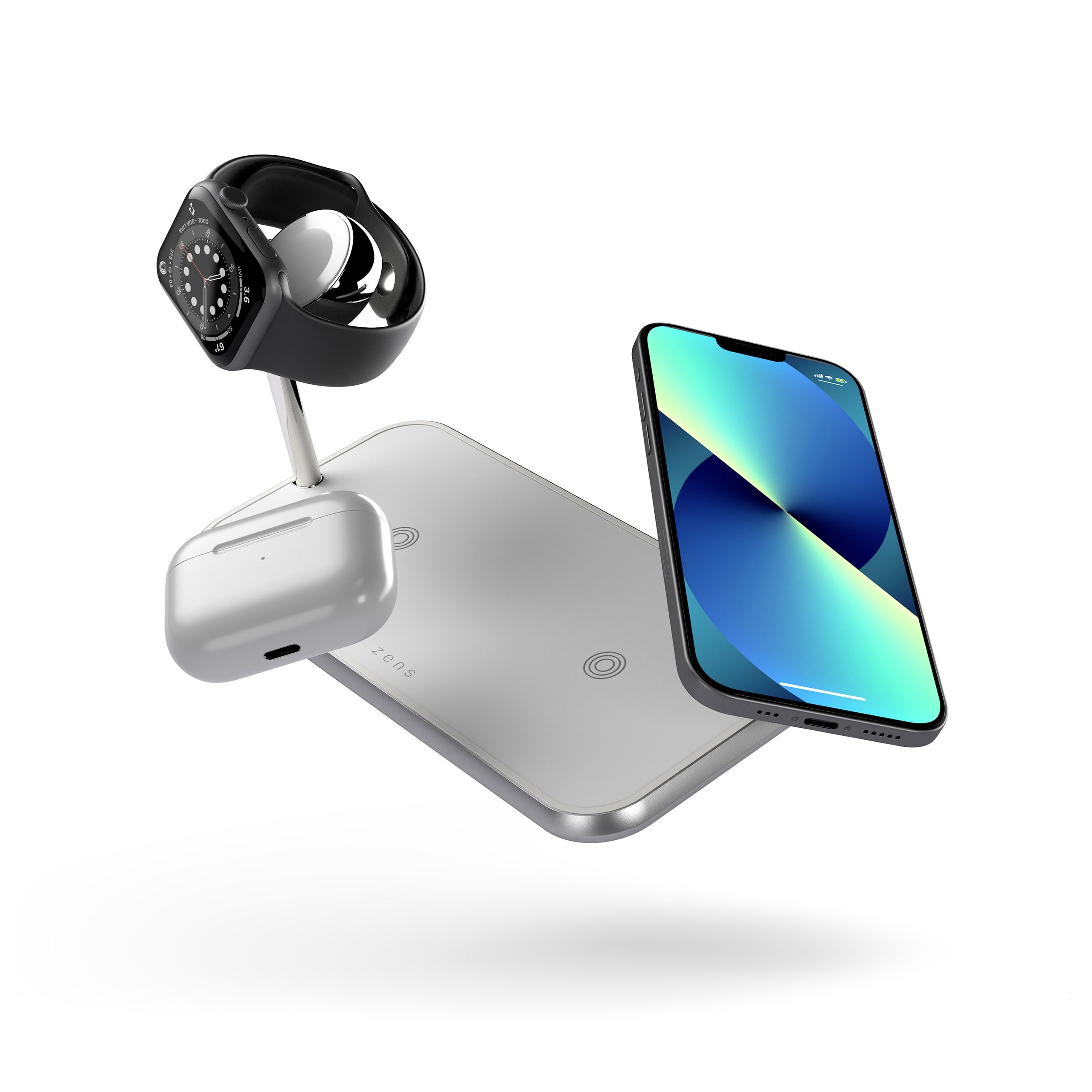Zens Dual + Watch Wireless Charger, kabelloses Ladegerät (10 W) für iPhone, Apple Watch und Qi-Geräte, inkl. 24-W-Netzadapter (EU,GB,USA) und integriertem, 1,5 m langem Kabel, Weiß
