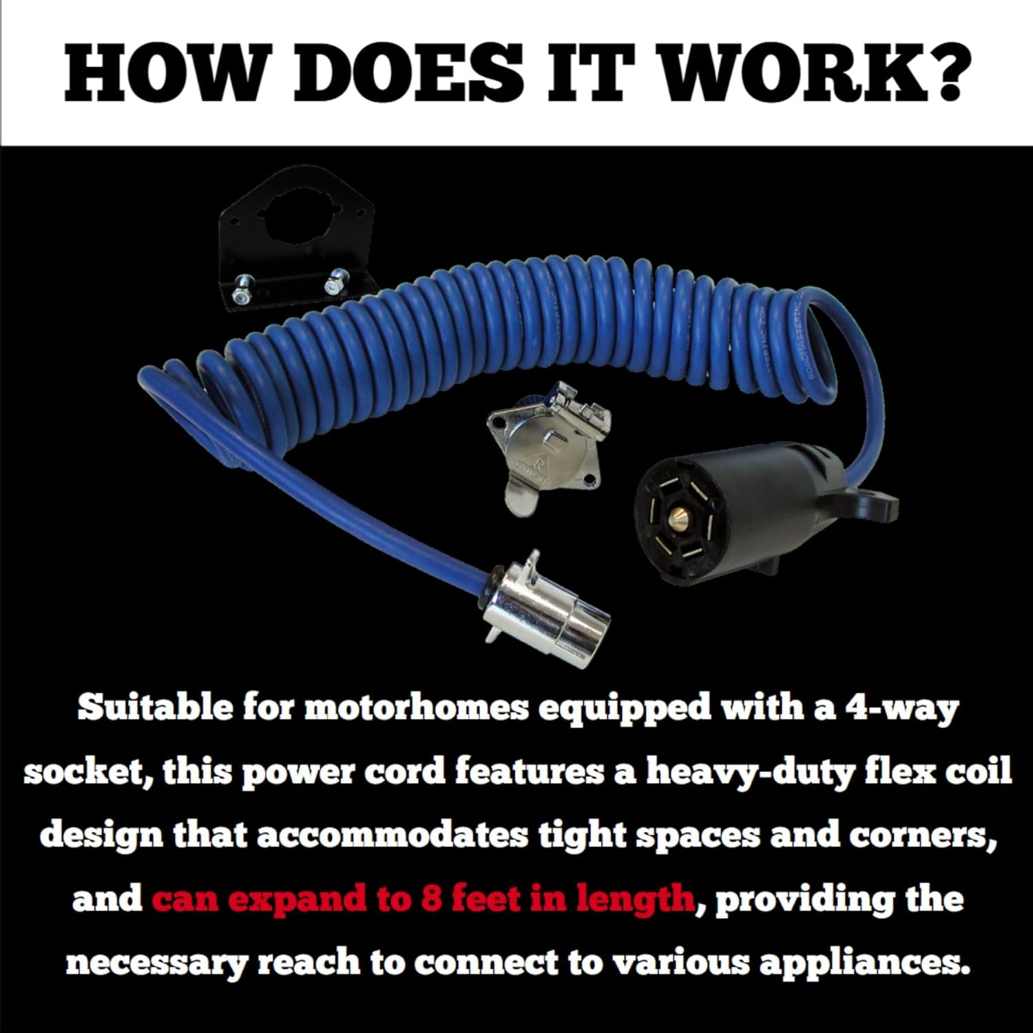 Roadmaster 164-7 Flexo-Coil 7-Wire to 4-Wire Adaptive Power Cord with Plugs, Sockets, & Socket Bracket Included | Designed for Motorhomes with 4-Way Sockets | Water, Oil, & Chemical Resistant