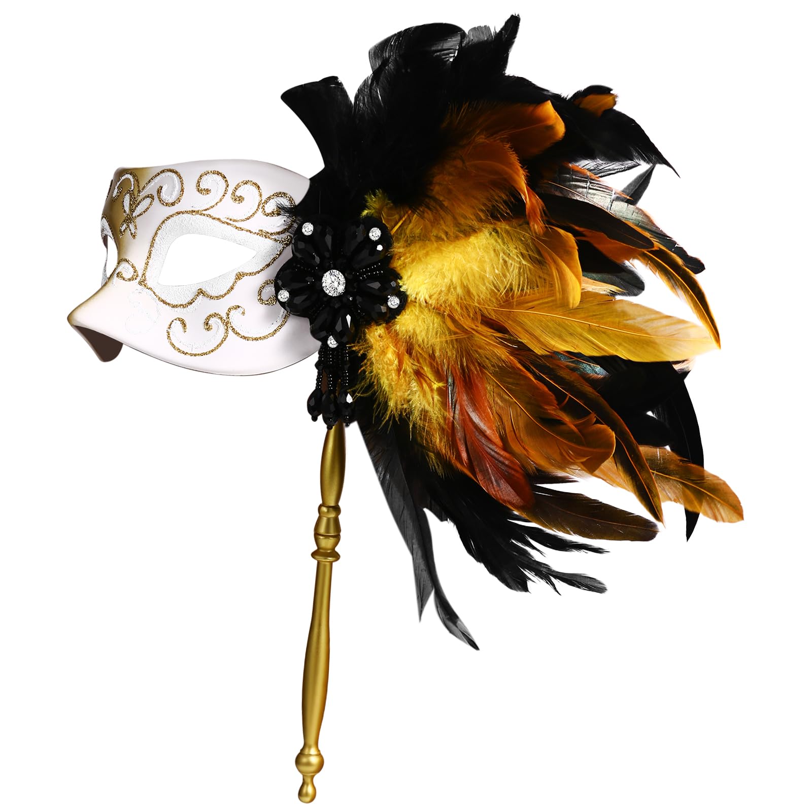 Flonge Masquerade Mask with Stick: Feather Masquerade Masks Mardi Gras Party Prom Mask Venetian Halloween Costume Accessories for Women Gold - Image 2