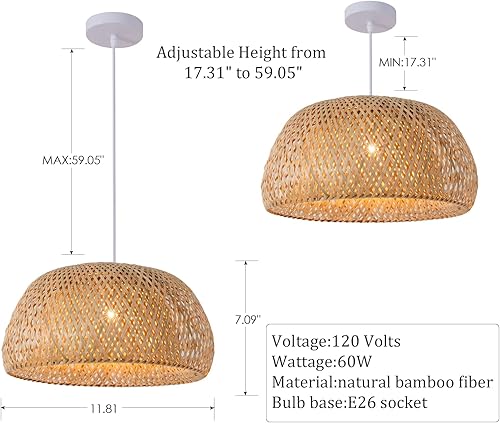 Miniatura 3 de Teru Ji Kaikang Lámpara colgante de bambú tejida a mano, 11.81 pulgadas, ratán de 1 luz, luz colgante de techo de madera natural, lámpara de bambú